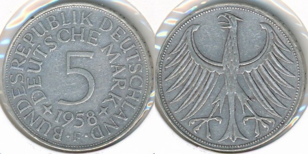 Tyskland 5 DM 1958 F sølv 625
