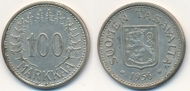 Finland 100 markkaa 1956 sølv 500