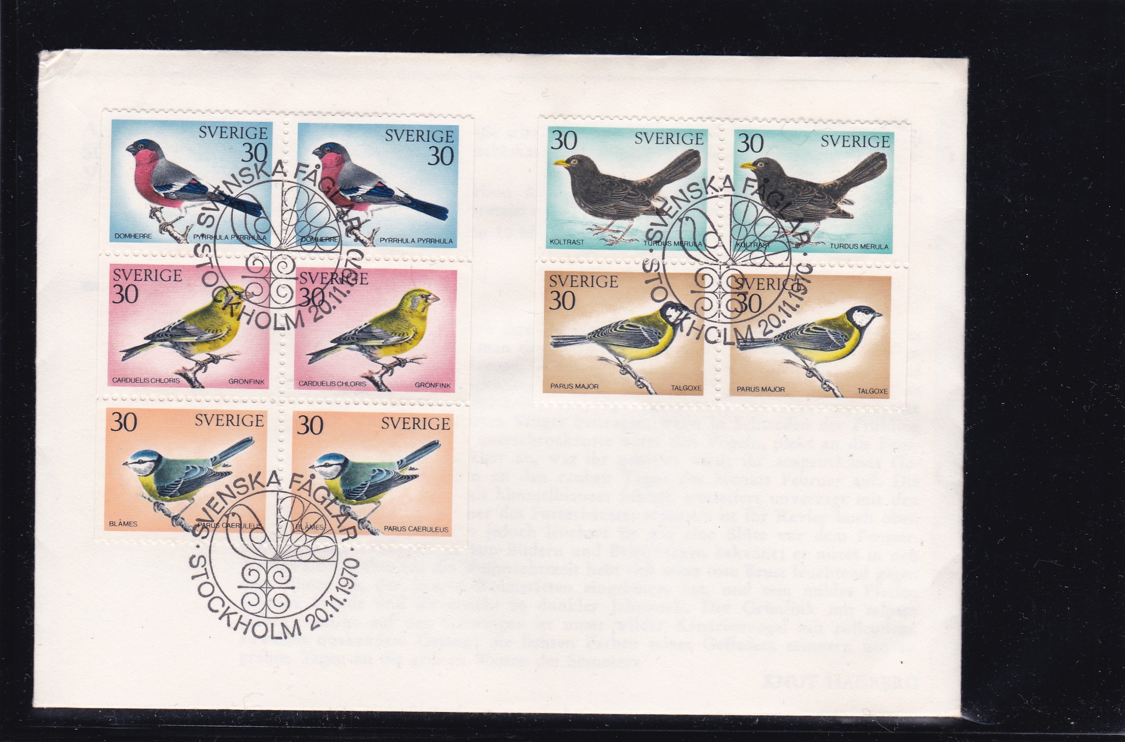 Sverige FDC 1970. AFA # 698-702. Svenske fugler	Liten hjørnebrett.