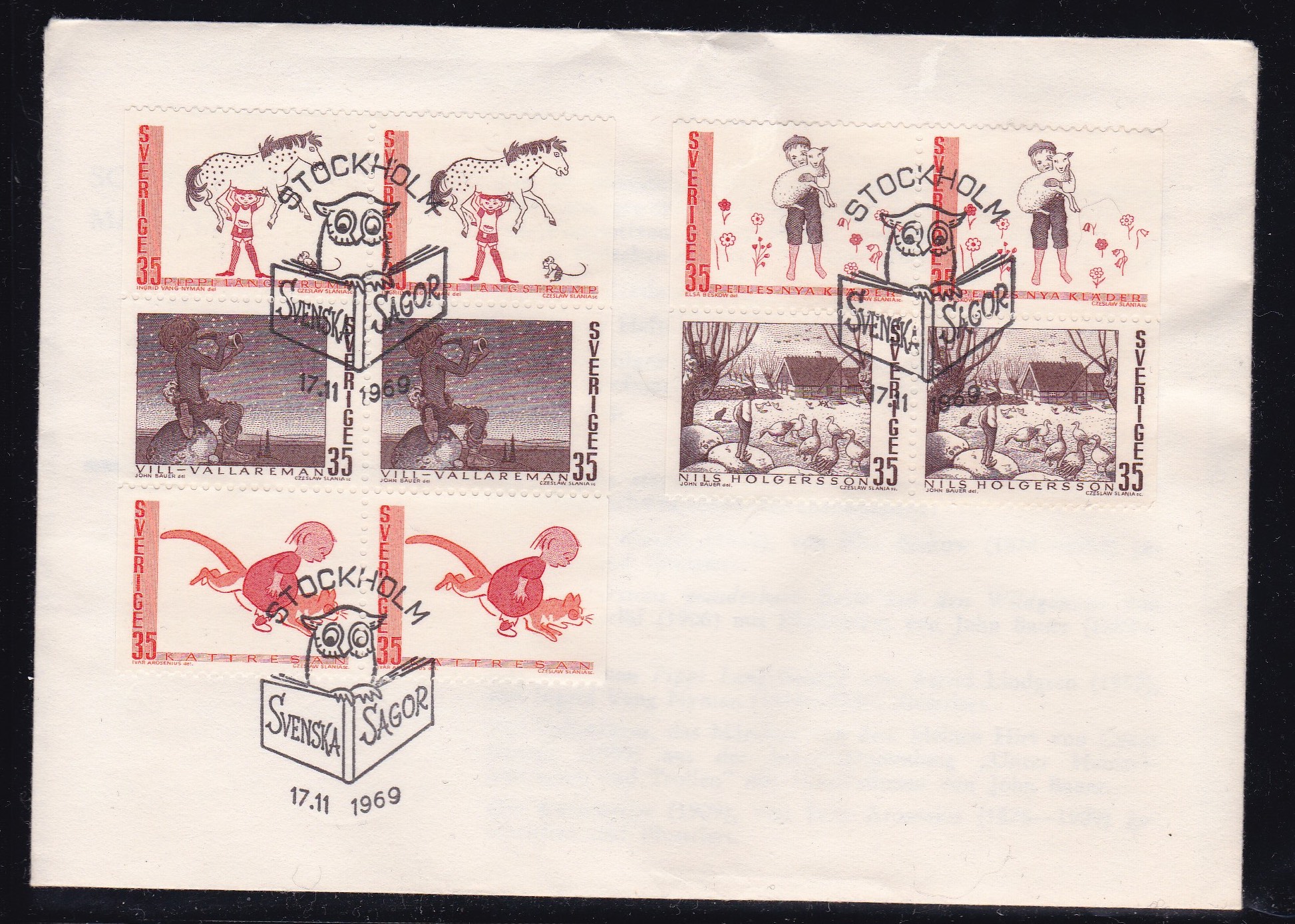 Sverige FDC 1969. AFA # 664-667. Svenske eventyr.	Bitteliten hjørnebrett.