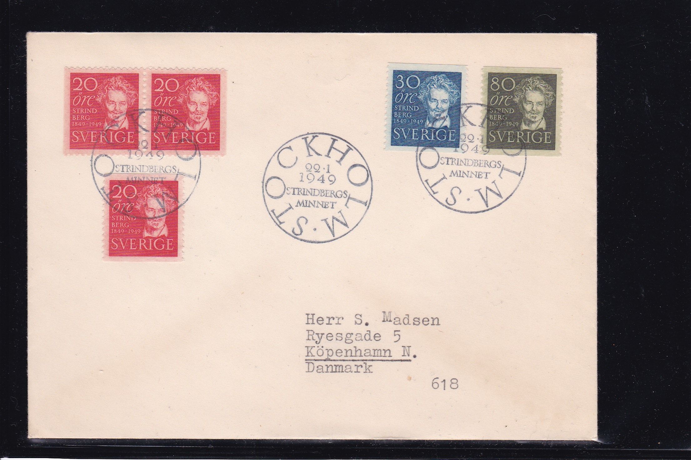 Sverige FDC 1949. AFA # 352-354. August Strindberg