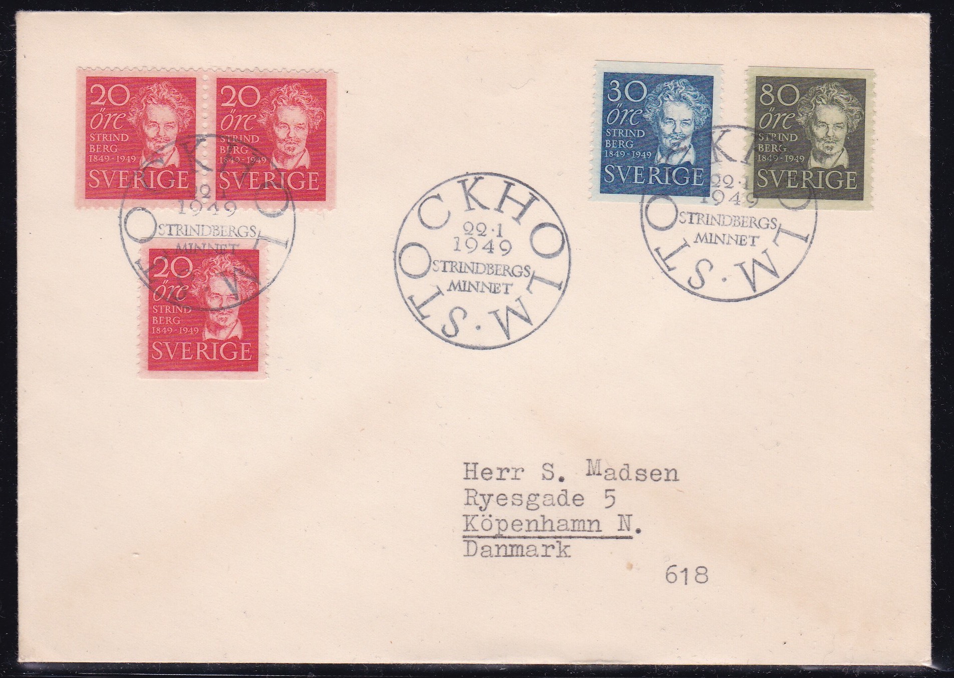 Sverige FDC 1949. AFA # 352-354. August Strindberg