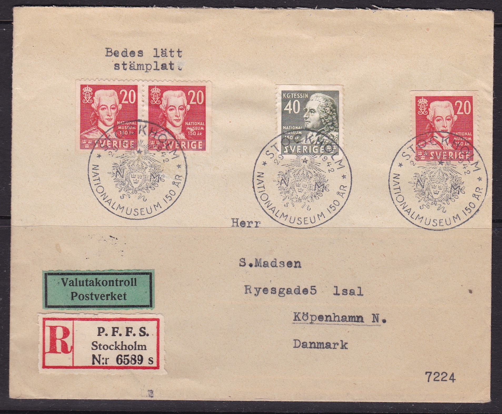 Sverige FDC 1942. AFA # 297-298. Nasjonalmuseet 250 år