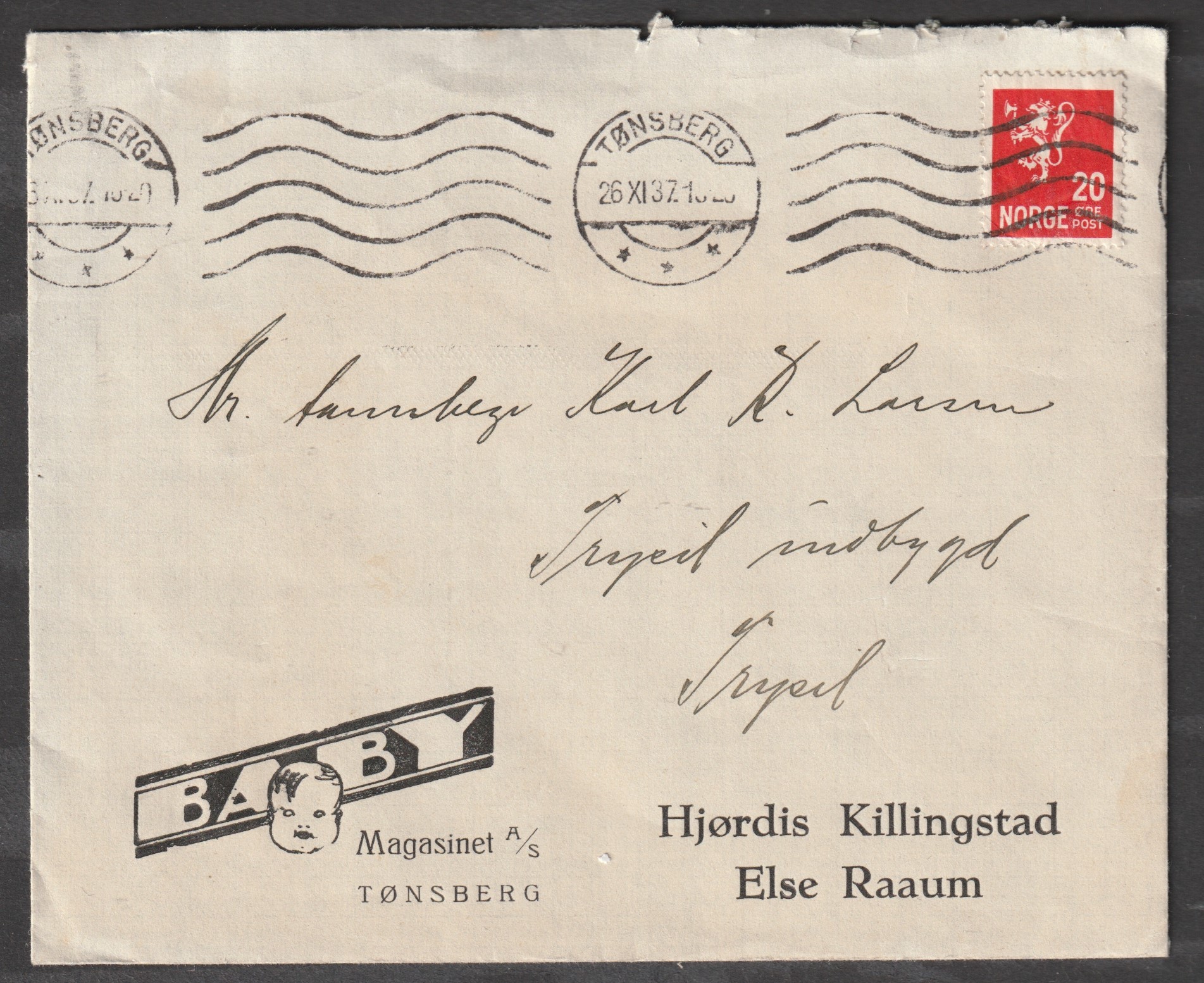 Firmabrev Baby Magasinet. Tønsberg 26 XI 37