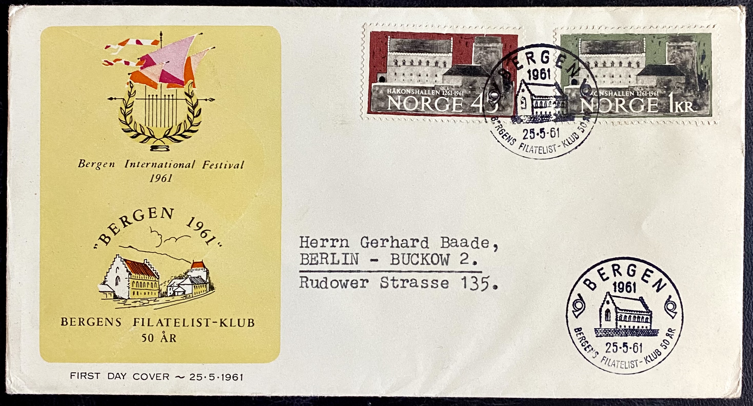 FDC NK 496-497 År 1961 - 2 stk m/forskjellig stempel (Bergens FK 50 år)