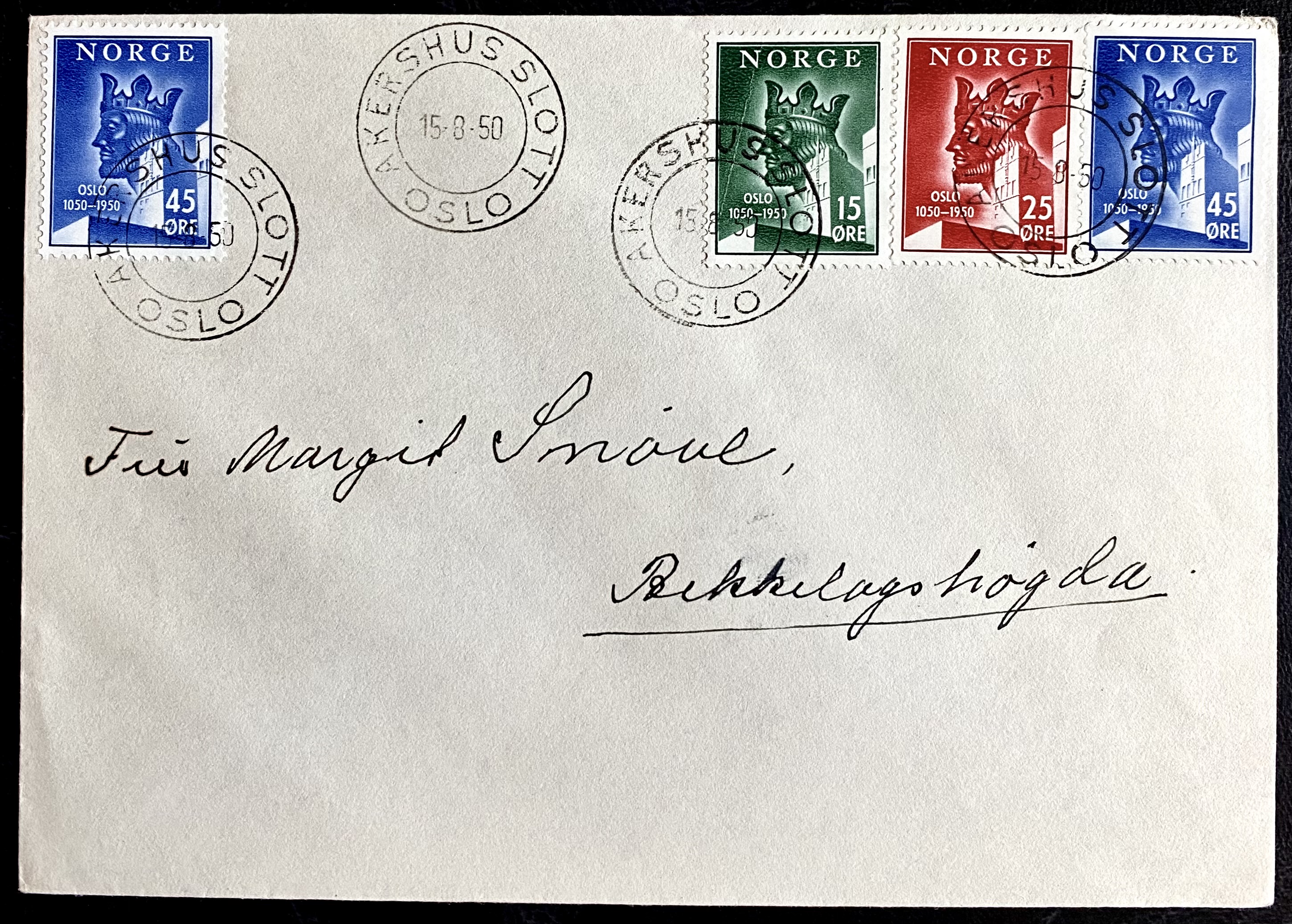 FDC NK 383-385 År 1950 Stemplet Akershus Slott