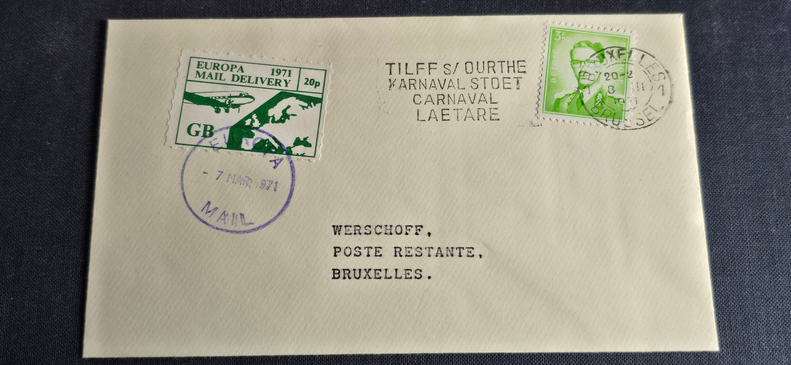 EUROPA MAIL DELIVERY 20P GB PRIVATMERKE + BRUSSEL 1971 BREV
