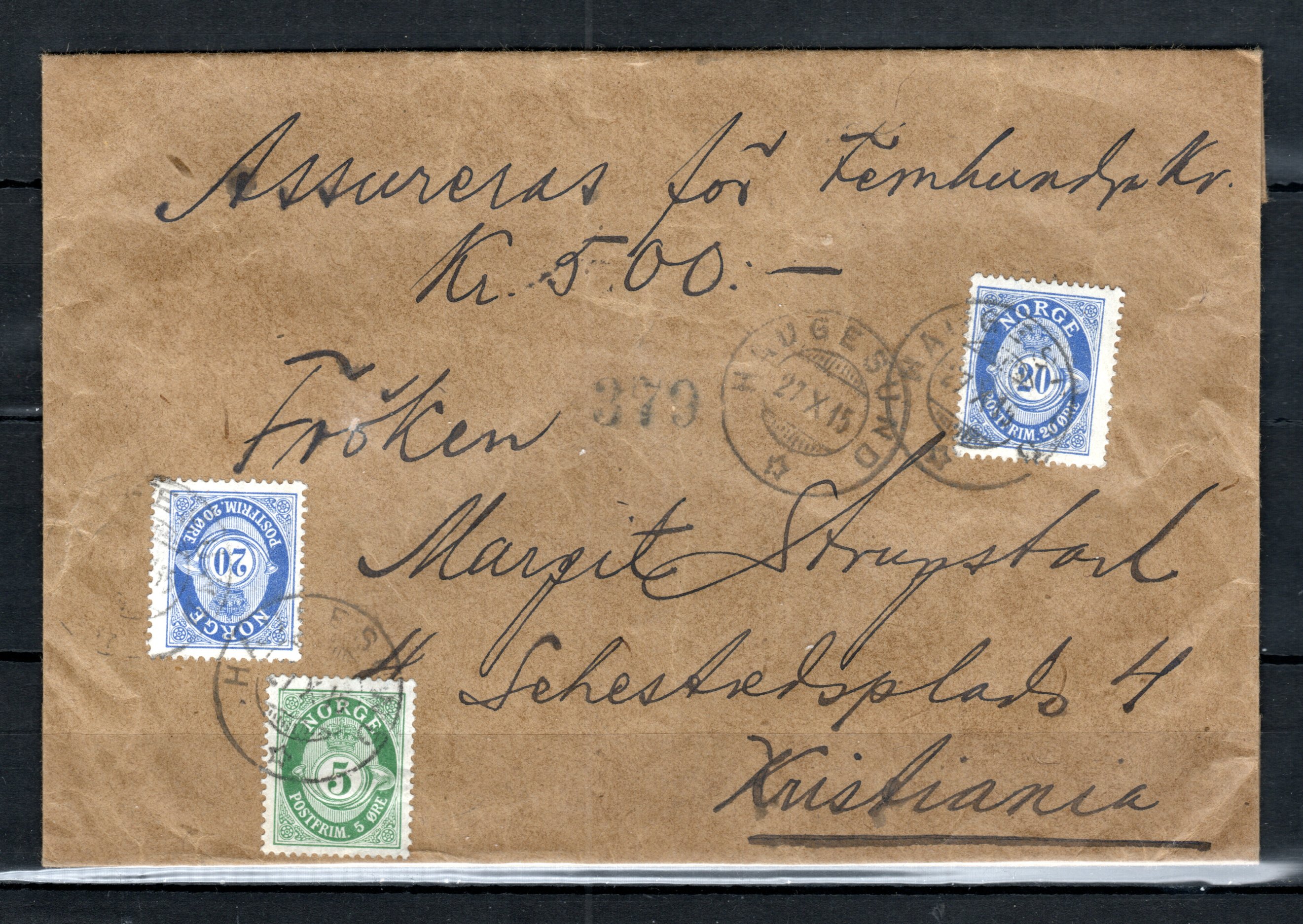Nk.99 og 103x2 som 45 øre porto (inkl.assuransegebyr) stp. HAUGESUND 27 x 15