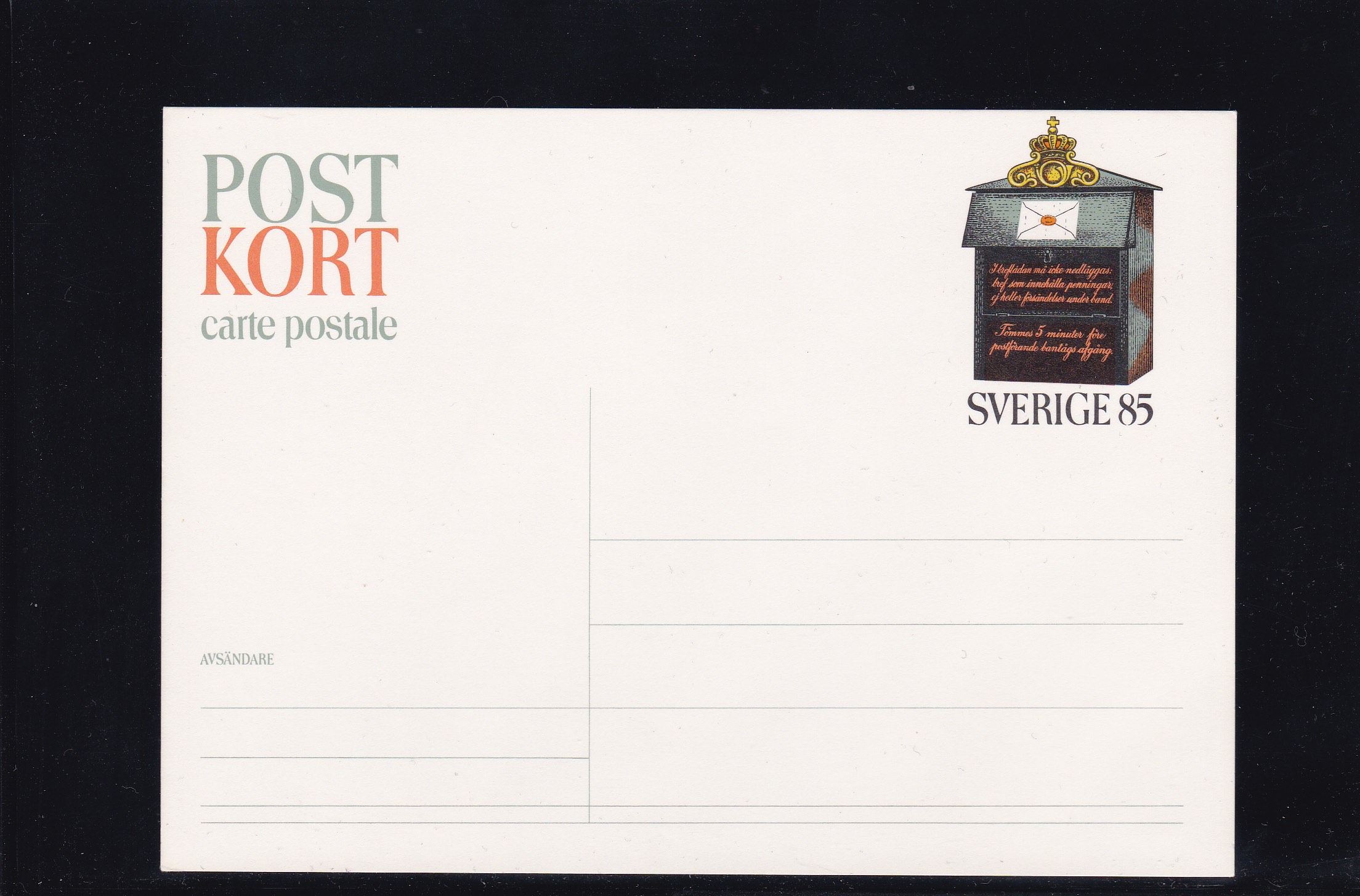 Sverige. Ubrukt helpostkort. Postkasse, 85 øre
