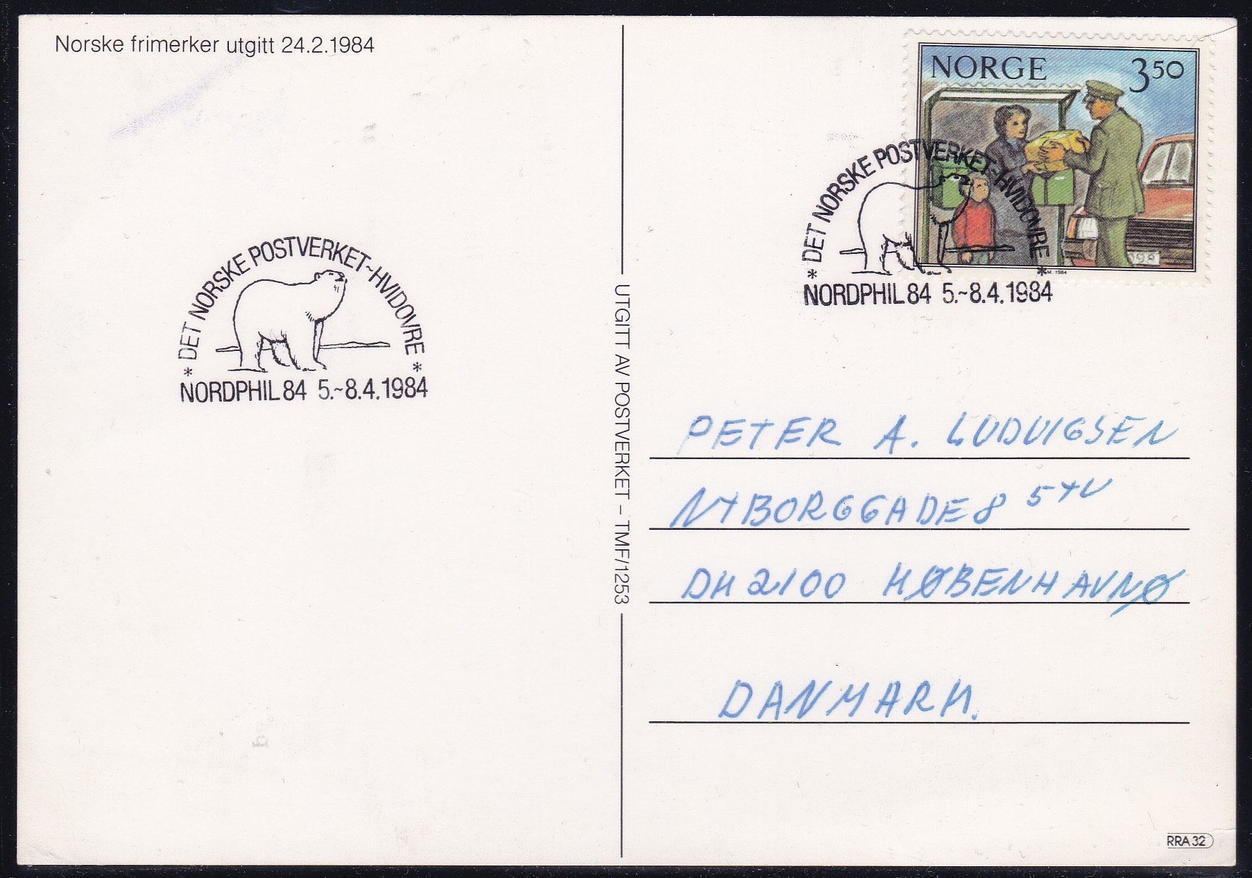 1984. NK 946 på postkort til Danmark. Særstempel