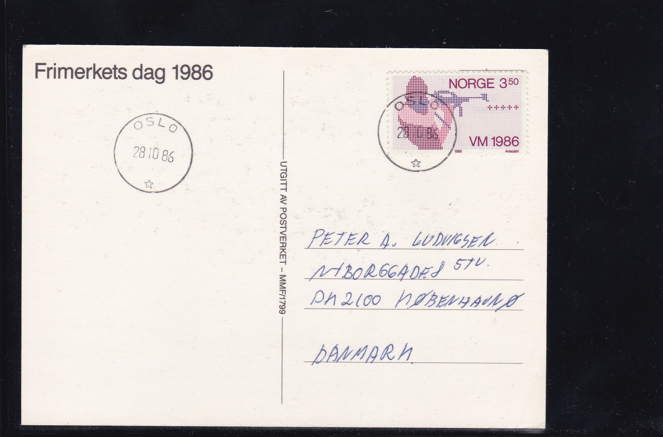 1986. NK 898 på postkort til Danmark. Oslo 28.10.86