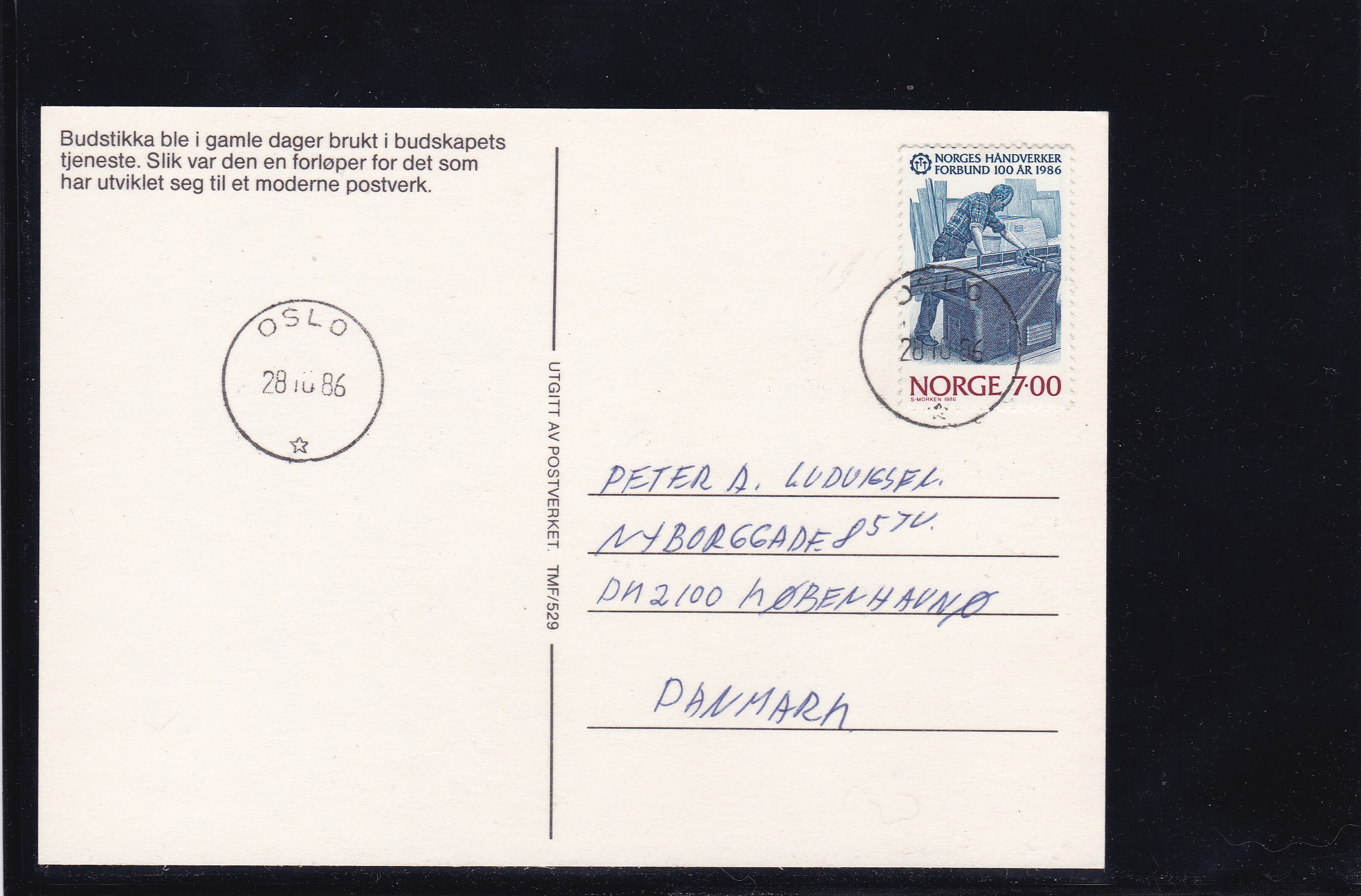 1986. NK 993 på postkort til Danmark. Oslo 28.10.86