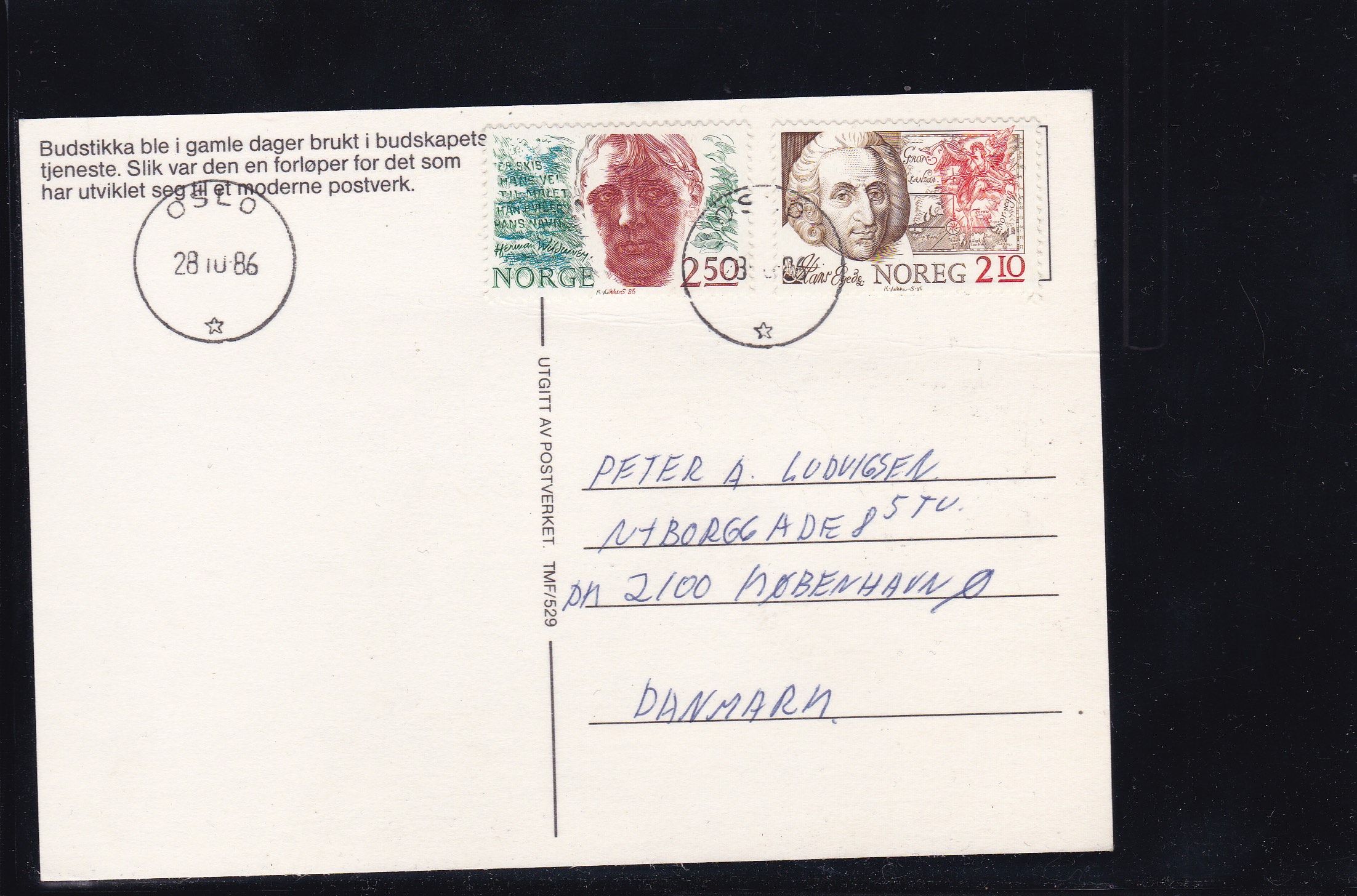 1986. NK 1002-1003 på postkort til Danmark. Oslo 28.10.86