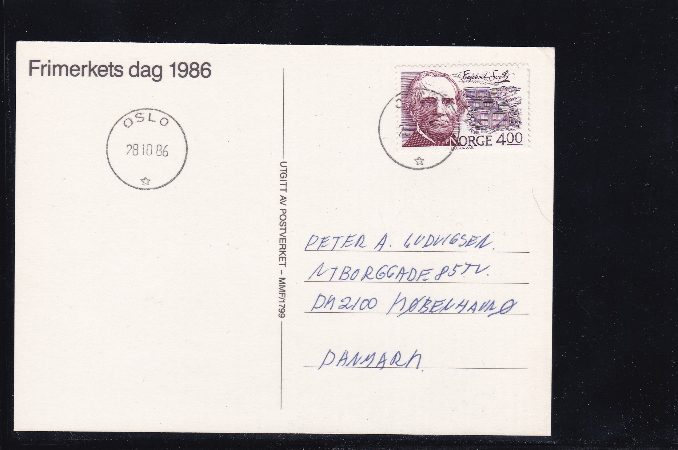 1986. NK 1005 på postkort til Danmark. Oslo 28.10.86