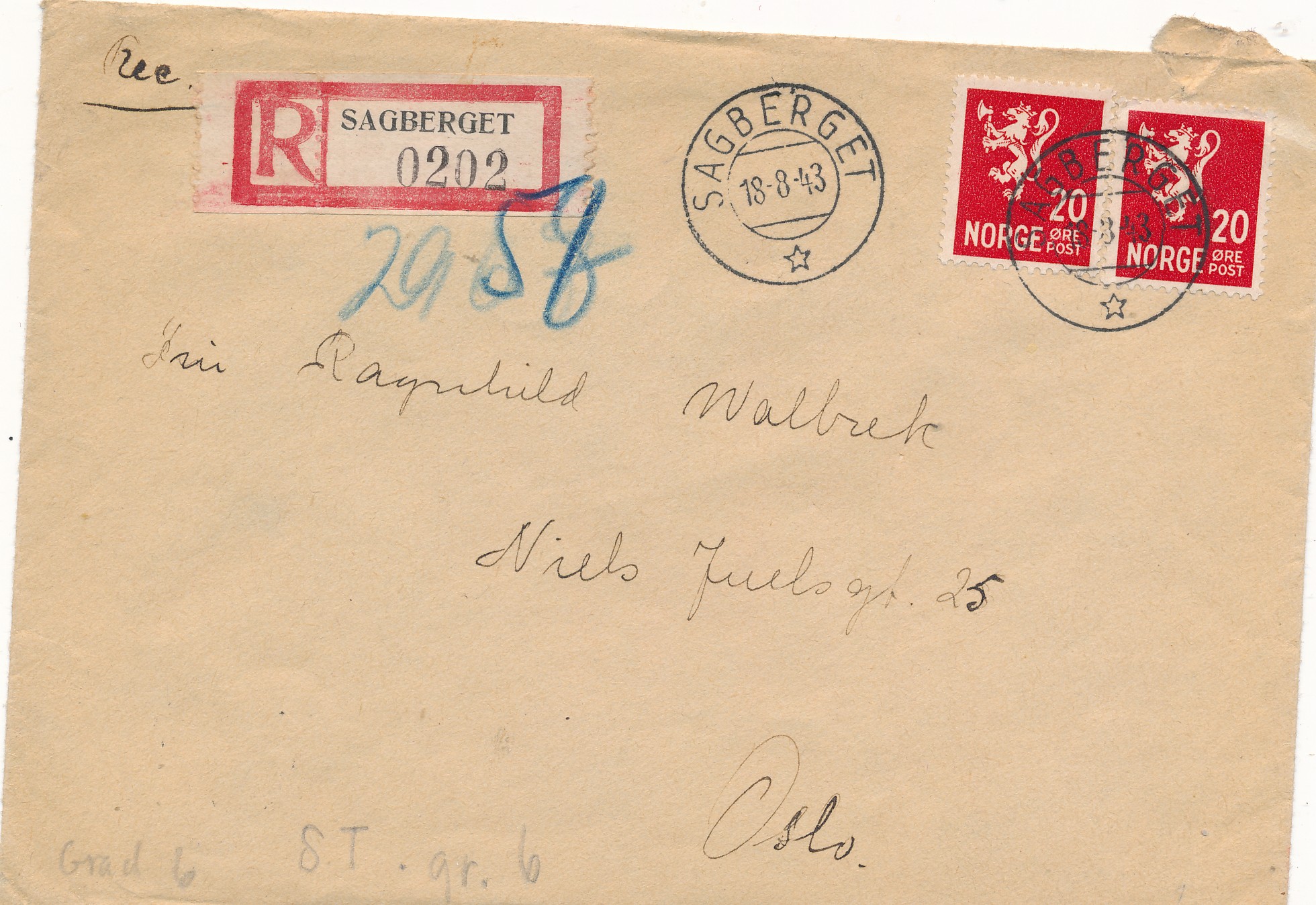Sagberget 1943 - Rek.brev til Oslo. Grad 6 stempel