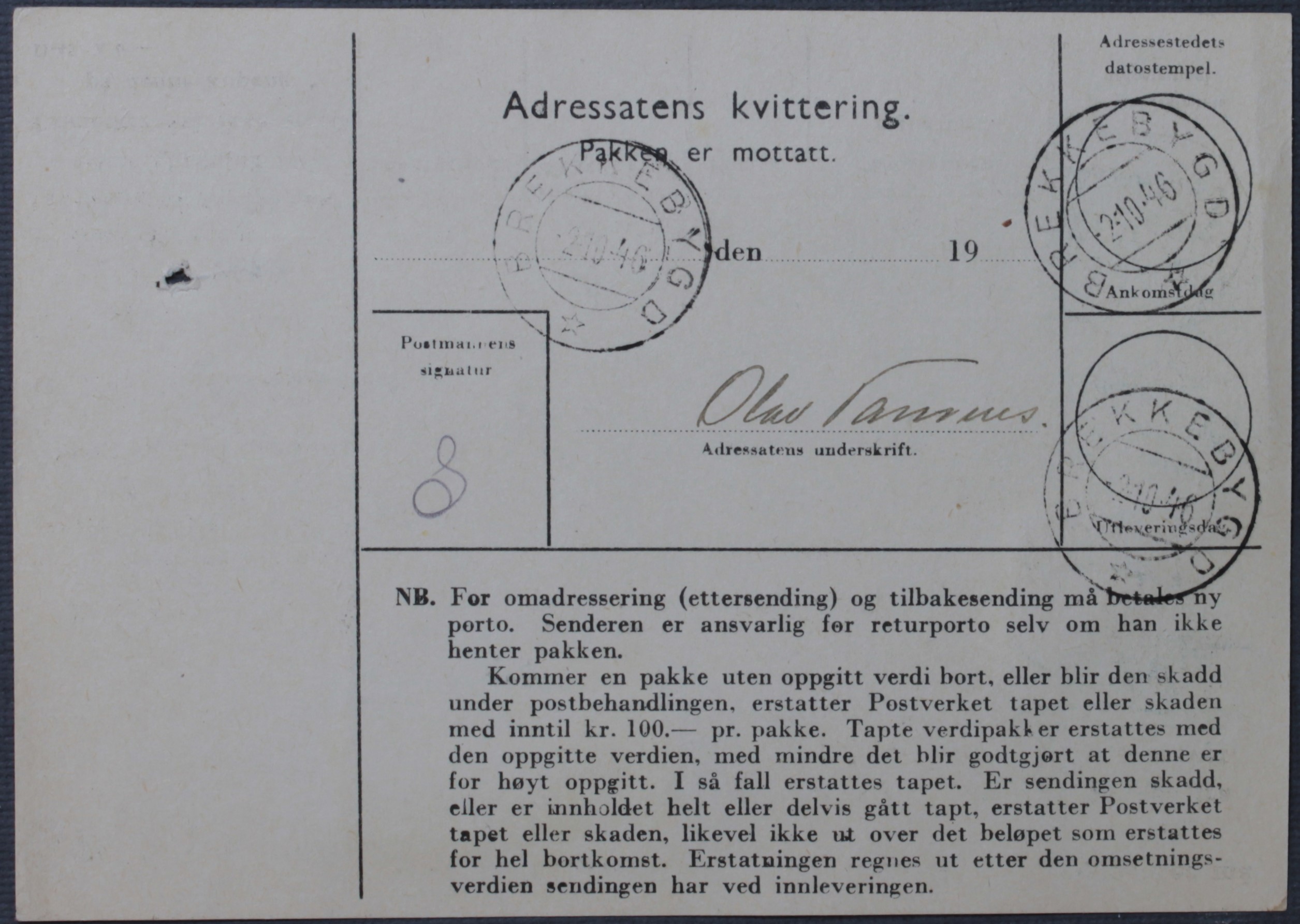Følgebrev BL72 fra Grefsen, utlevert Brekkebygd