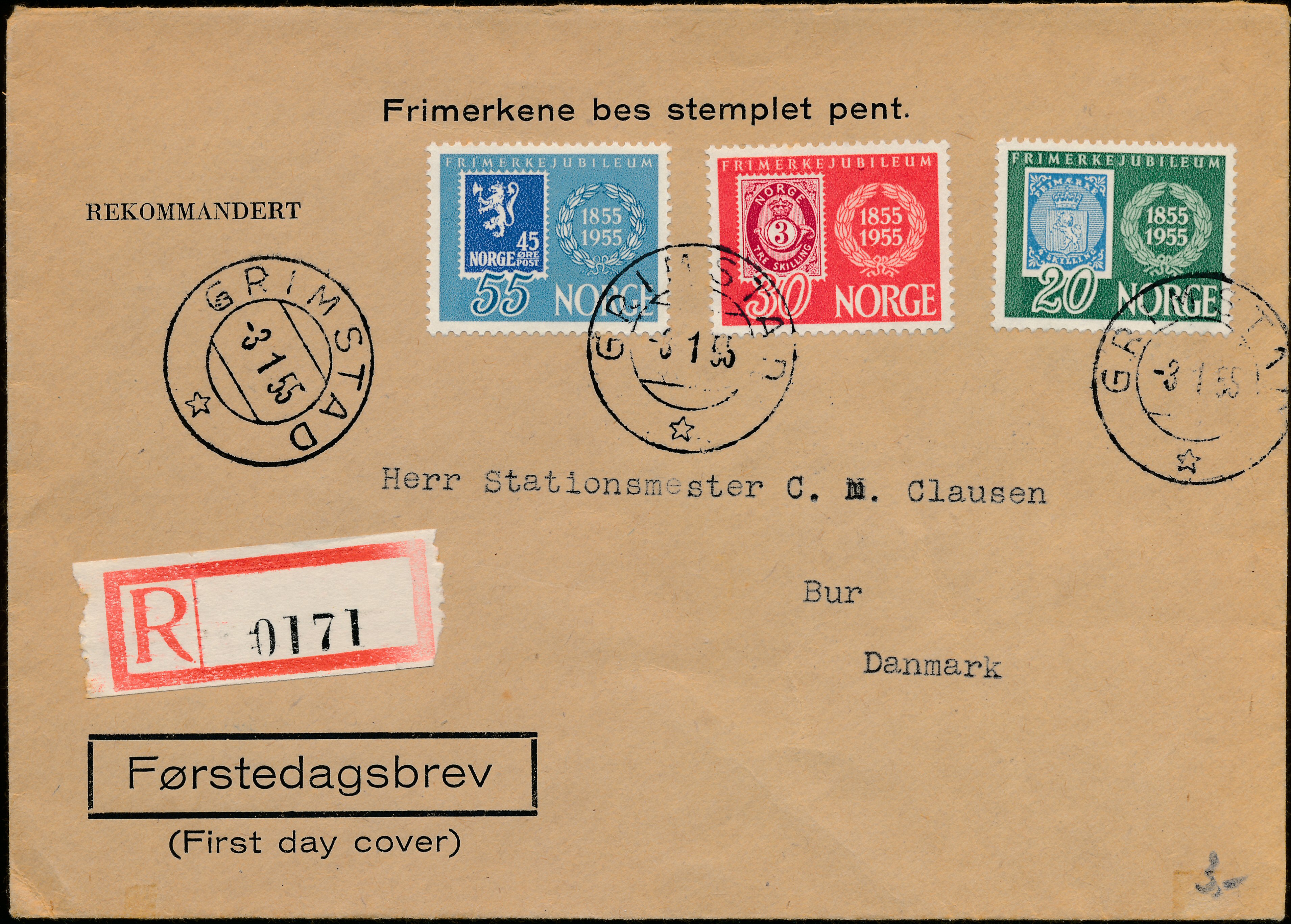 FDC 1955 NK425-NK427 tekstvignett 1 Grimstad REK