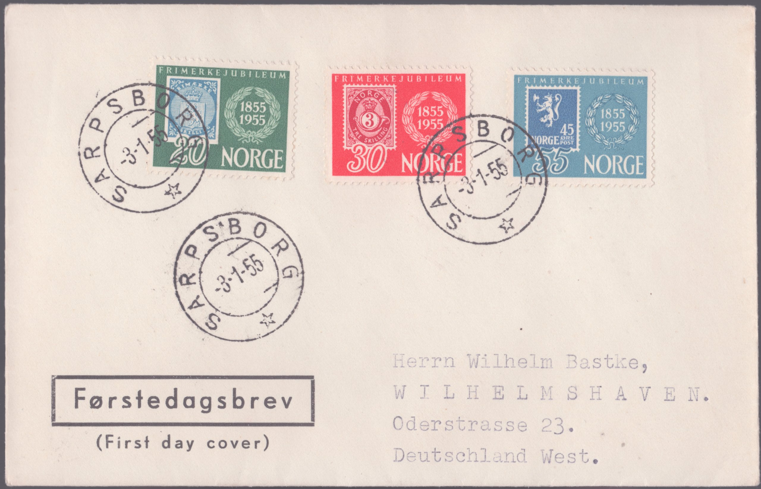 FDC 1955 NK425-NK427 tekstvignett 3 Sarpsborg