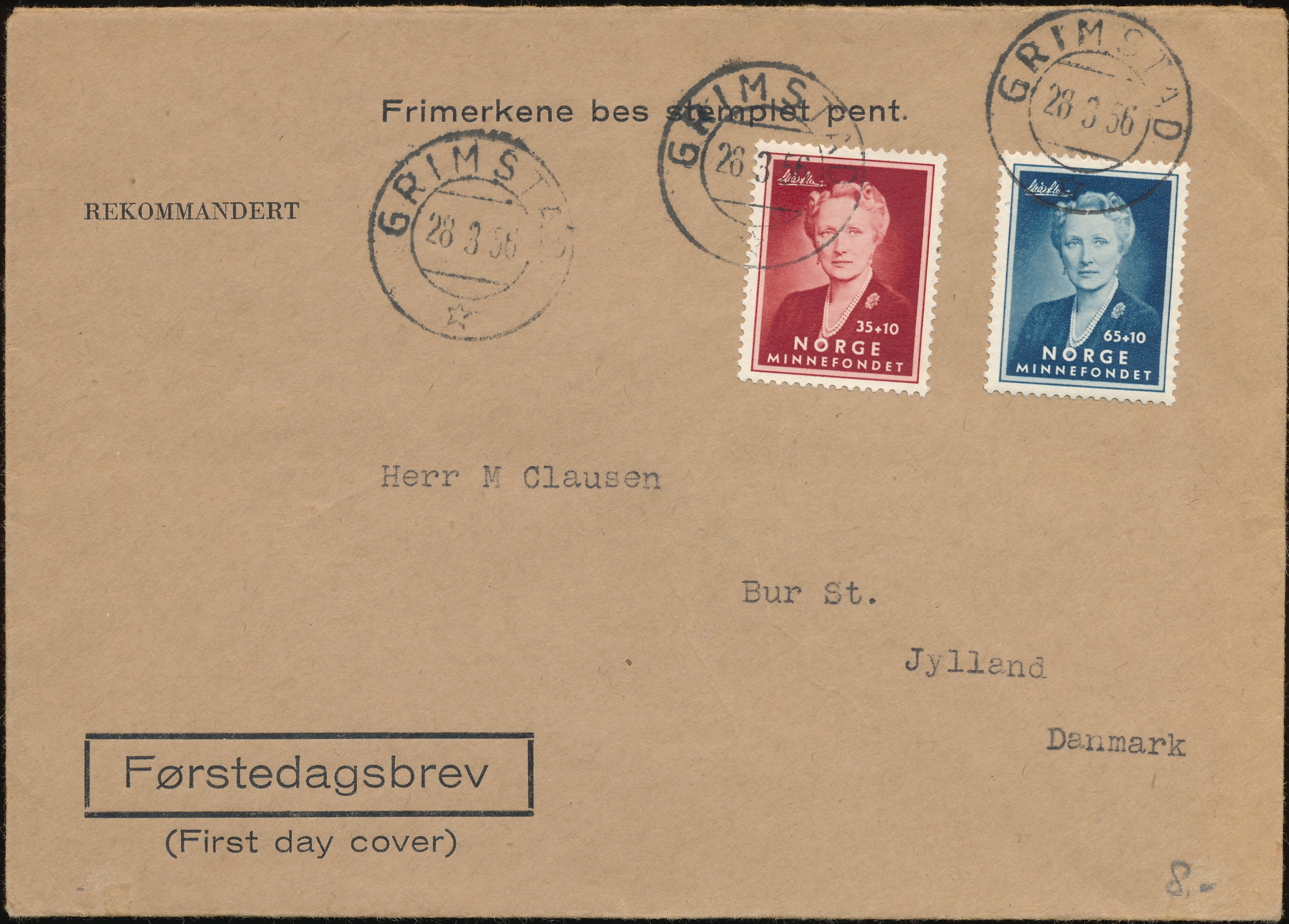 FDC 1956 NK441-NK442 tekstvignett 1 Grimstad