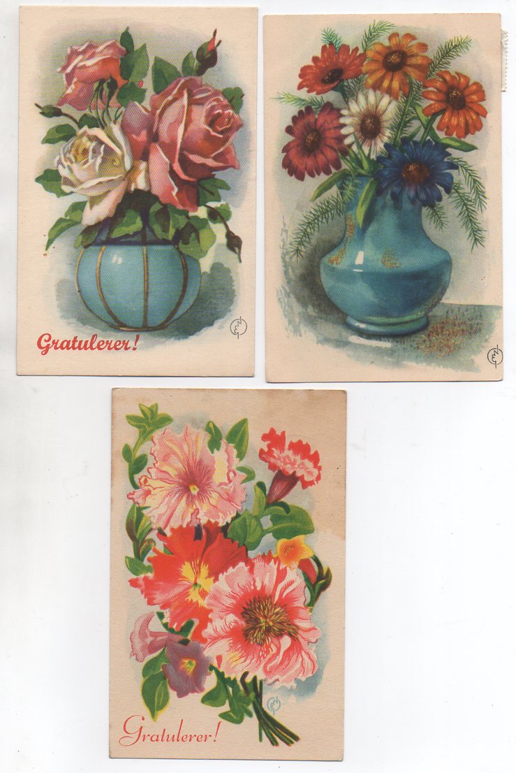 Erling Nielsen 3 småformat blomster alle brukt