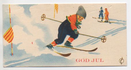 Erling Nielsen minikort, gutt på ski brukt 1946