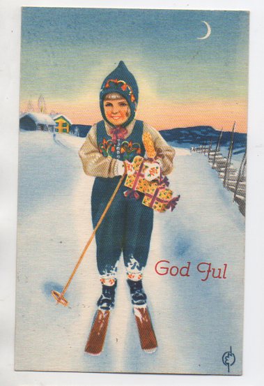 Erling Nielsen Pike på ski med julegaver småformat brukt 1945