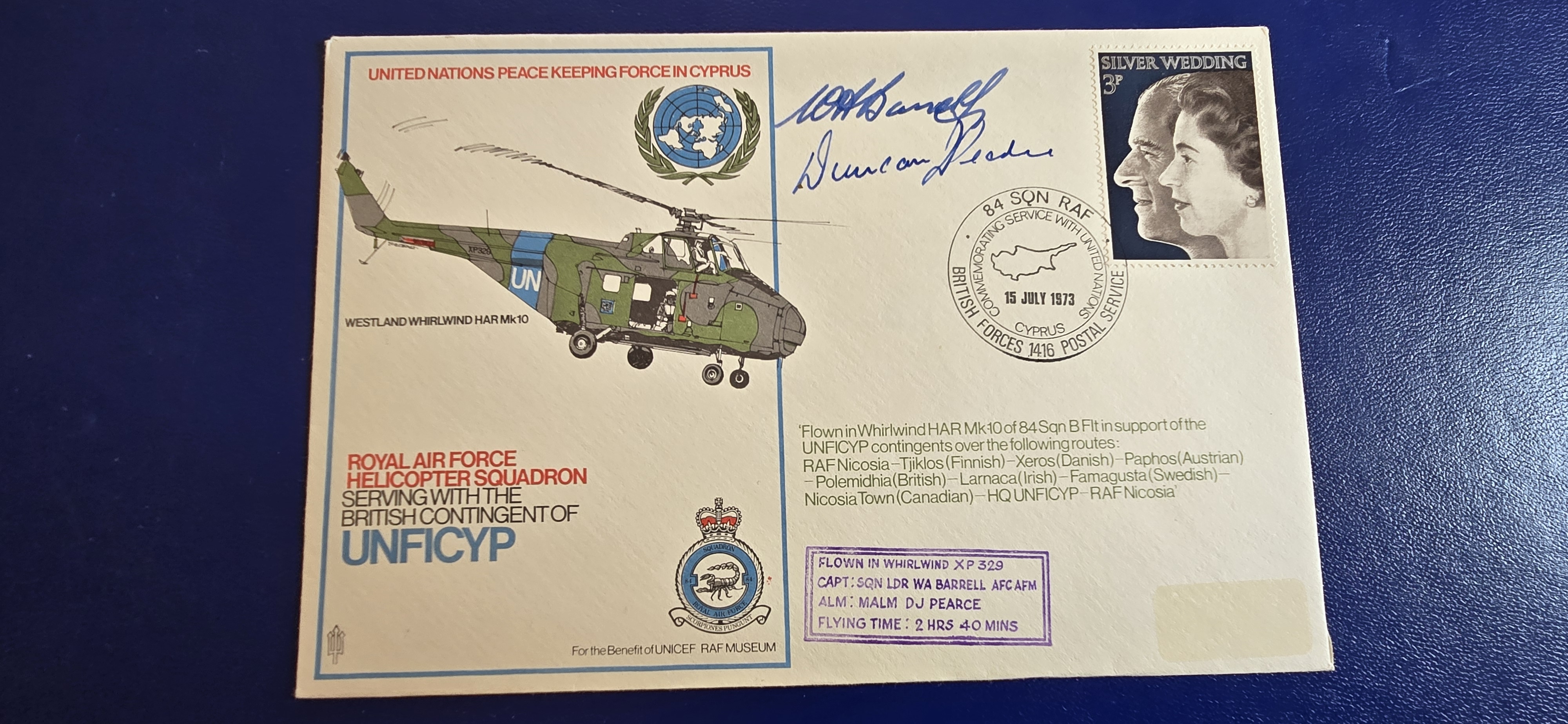 UNFICYP 84 SQN RAF 15.7.1973 HELIKOPTERBREV MANGE STEMPLER