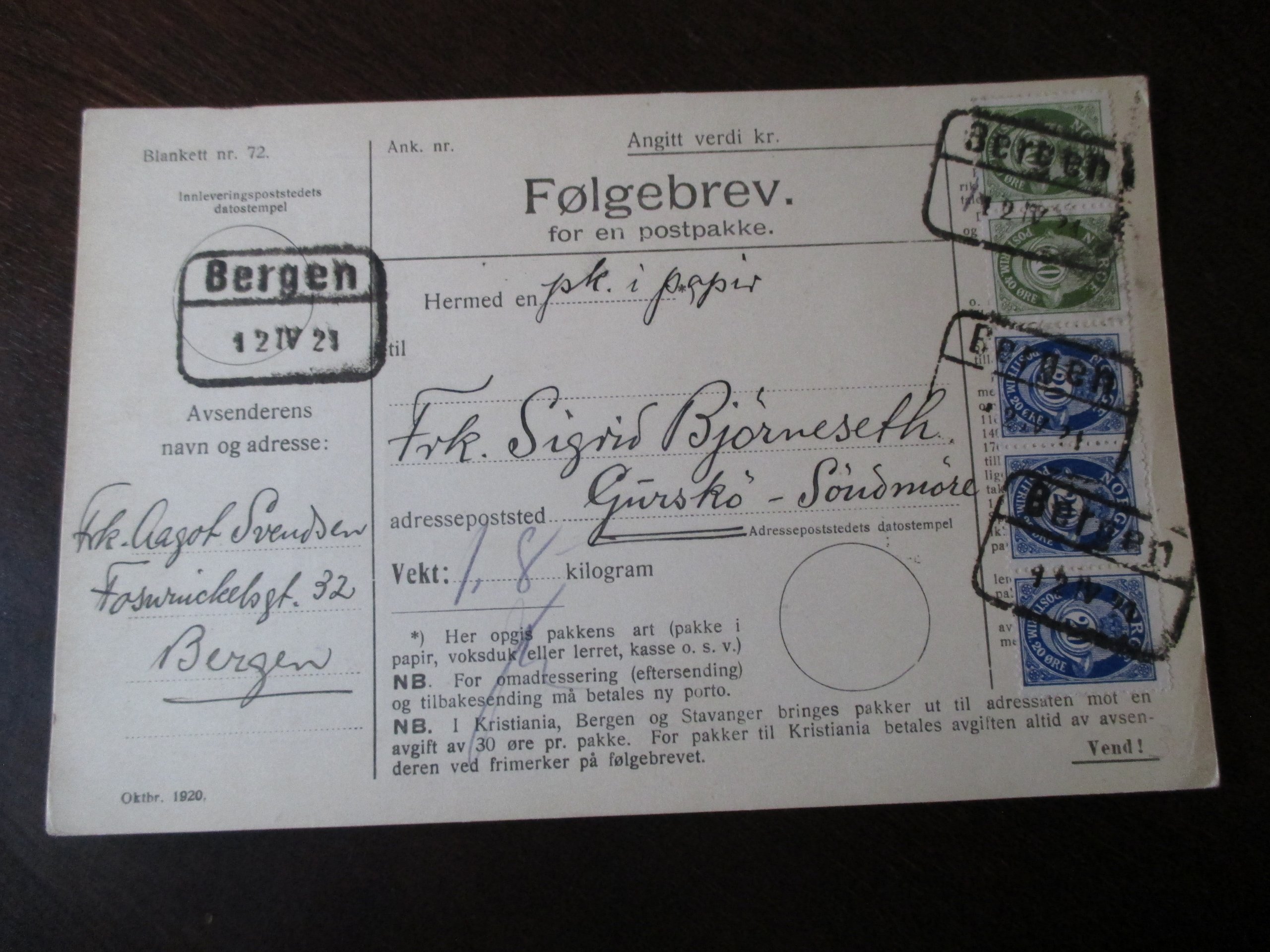 Følgebrev st. Bergen 12.IV.1921. Pakkepoststempel.