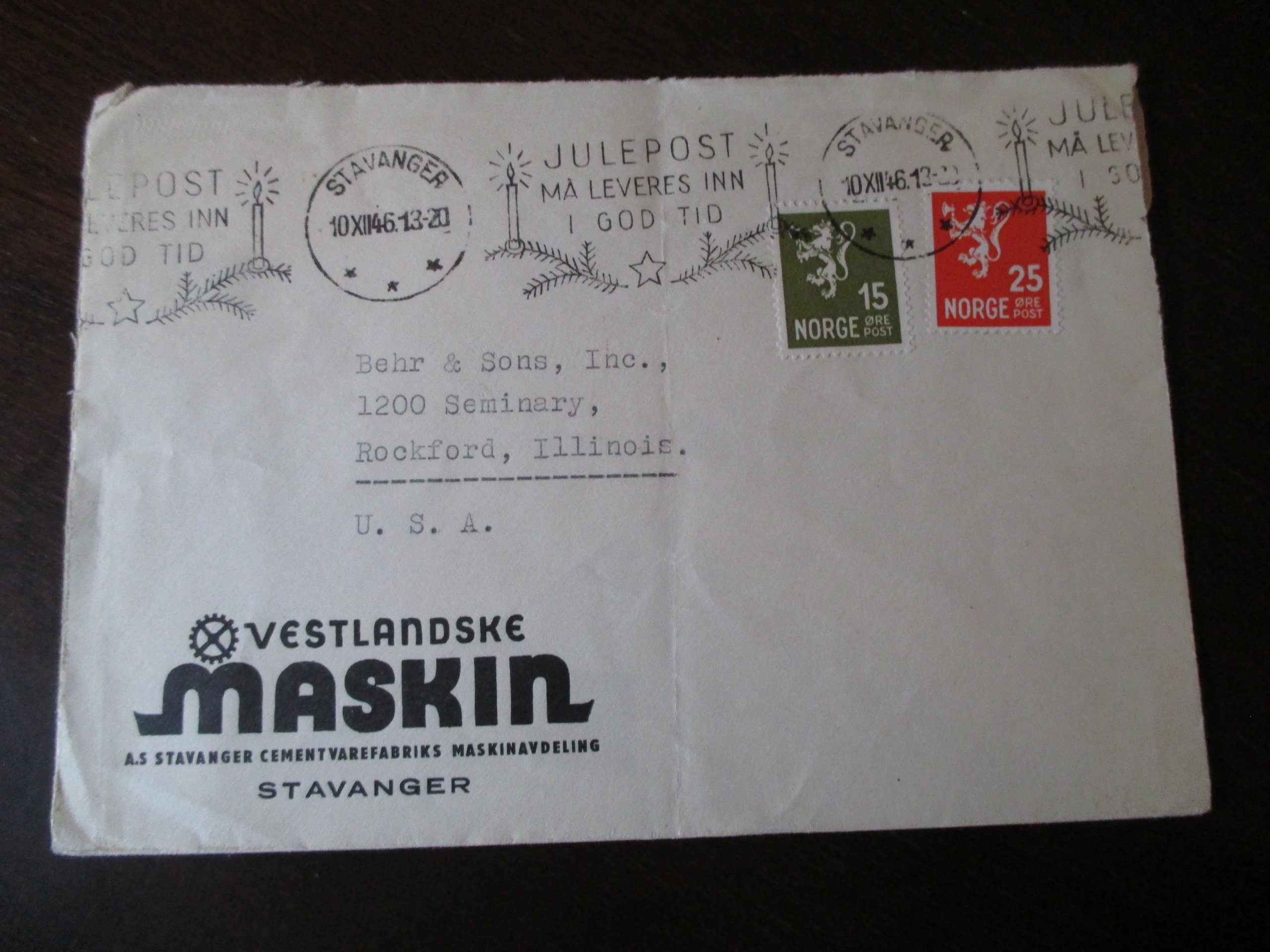 Firmabrev. Vestlandske Maskin, Stavanger.