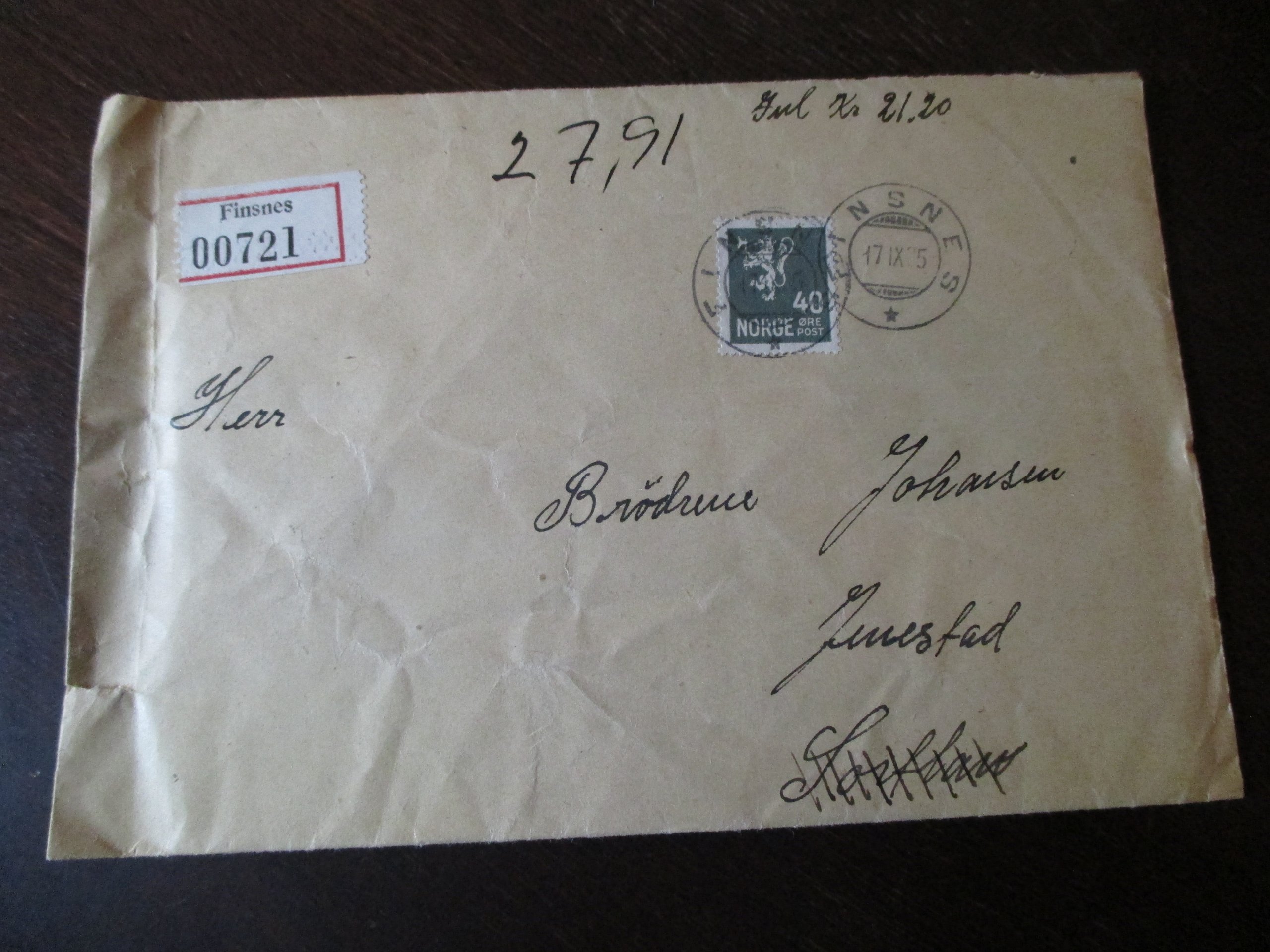 Bancobrev st. Finsnes 17.IX.1935. Lakkstempel Finsnes med posthorn.