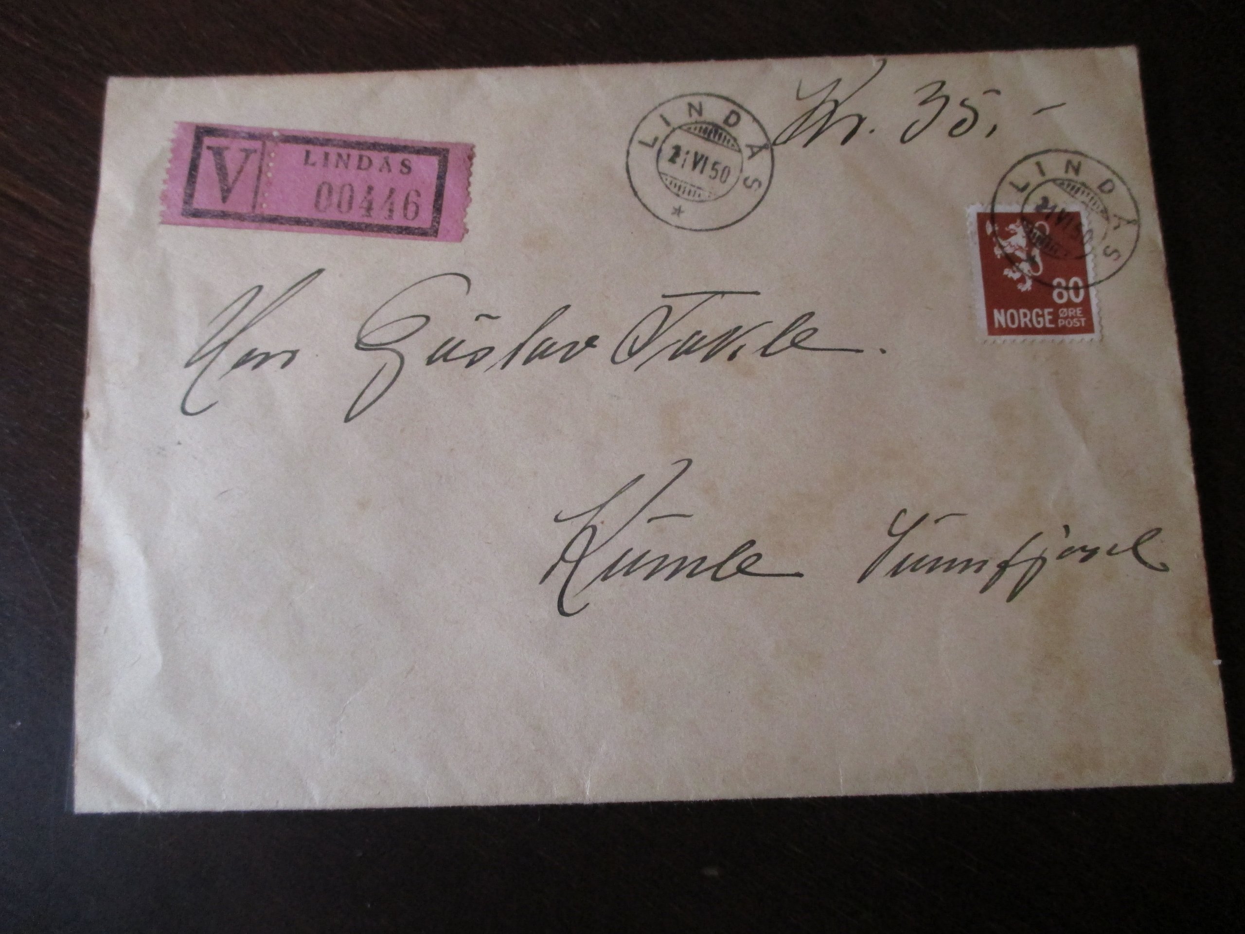 Verdibrev st. Lindås 21.VI.1950. Lakkstempel Lindås med posthorn på bakside.