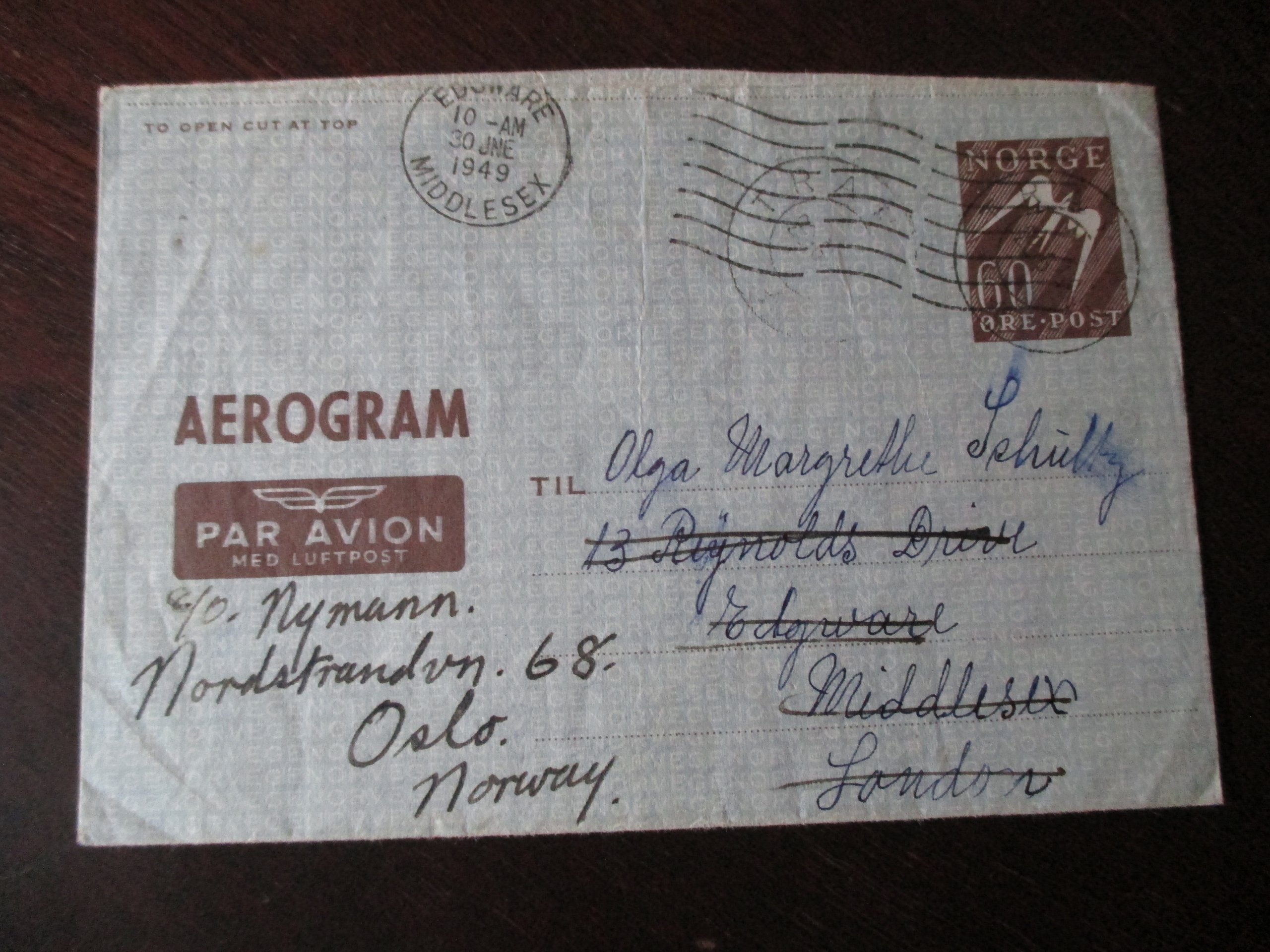 Aerogram st. Tranøy 23.06.1949. (IIA)