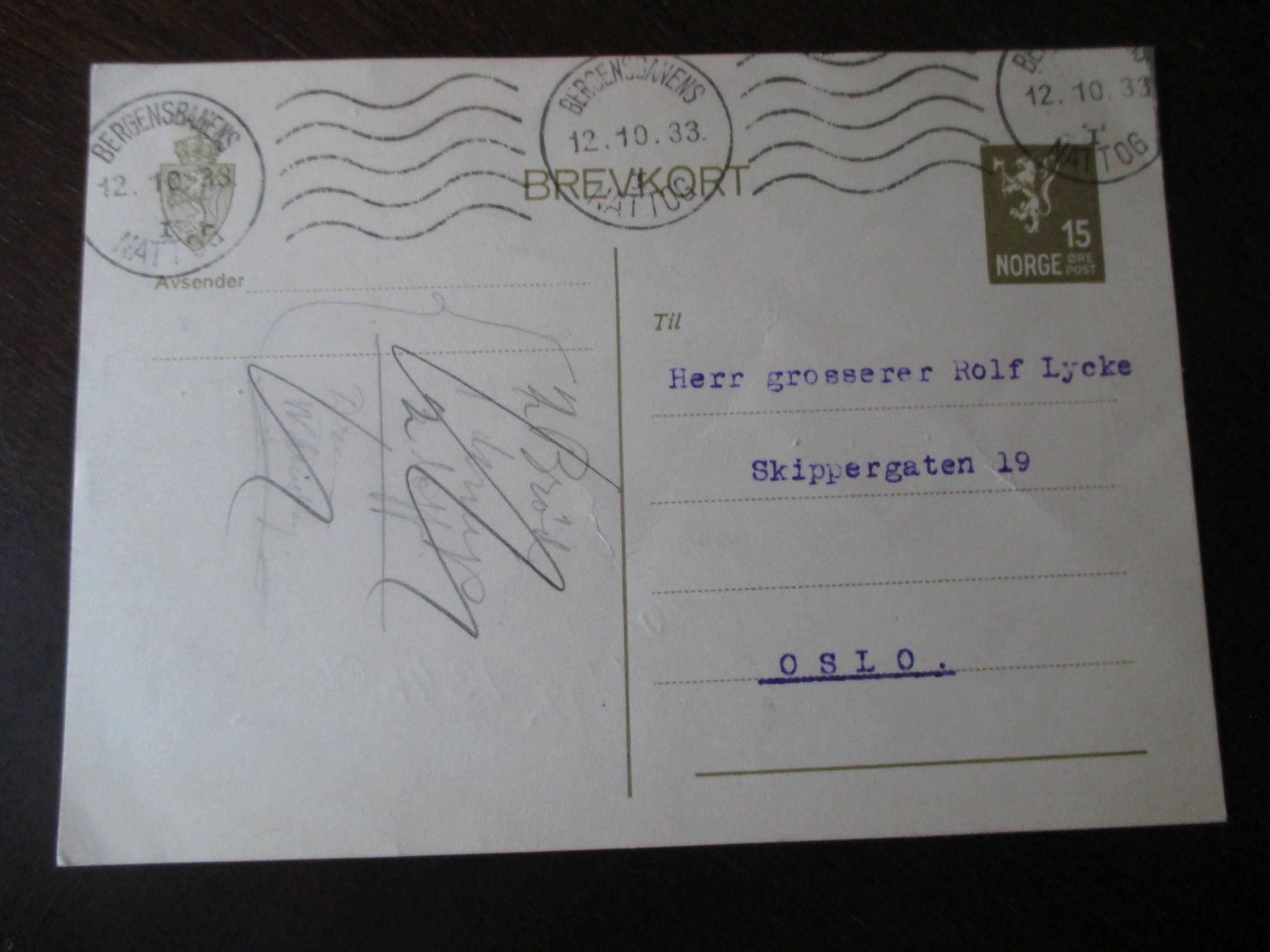 Brevkort st. Bergensbanens Nattog I 12.10.1933. Maskinstempel.
