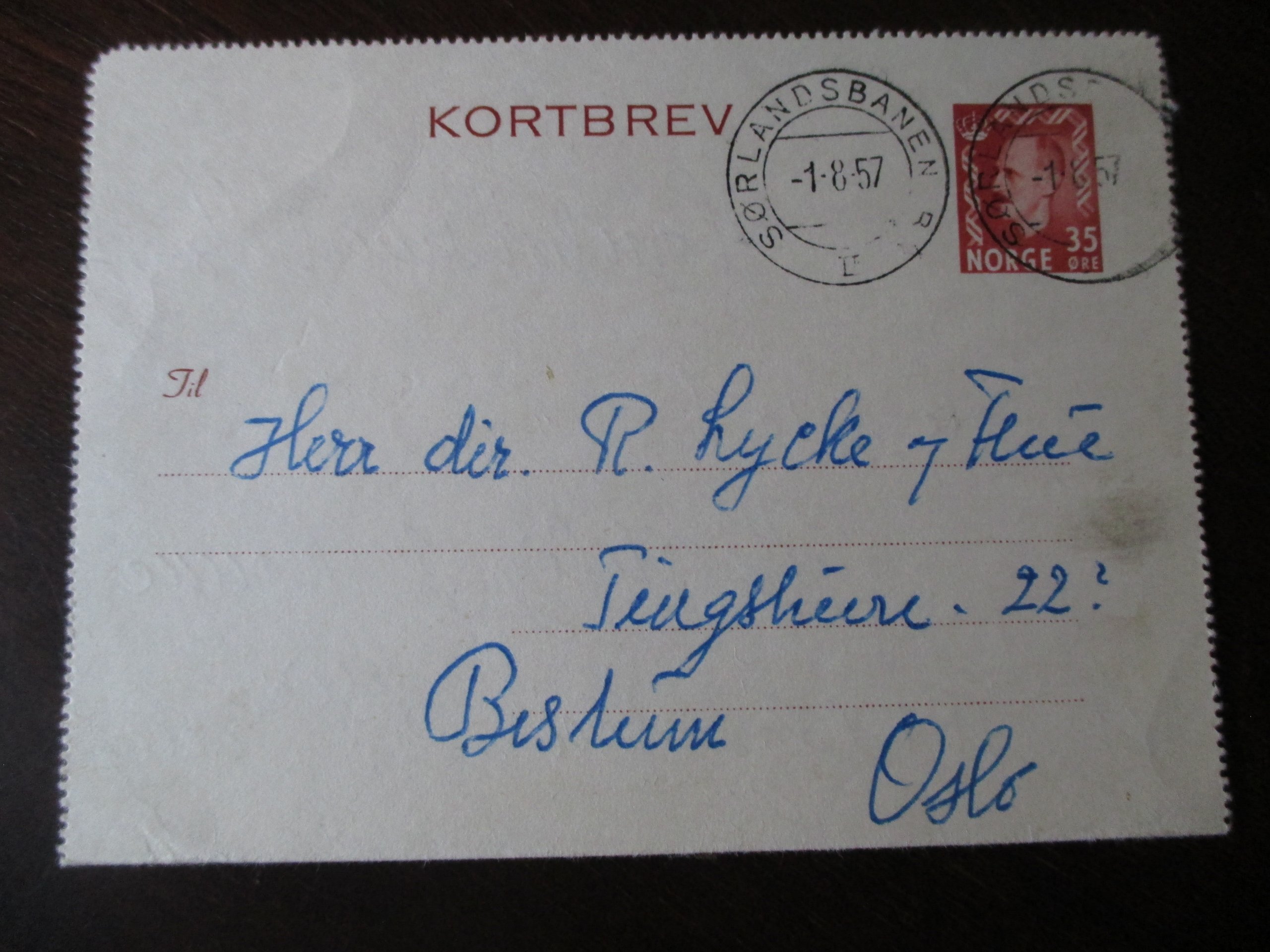 Kortbrev st. Sørlandsbanen B II 01.08.1957. (TA-Type 2)