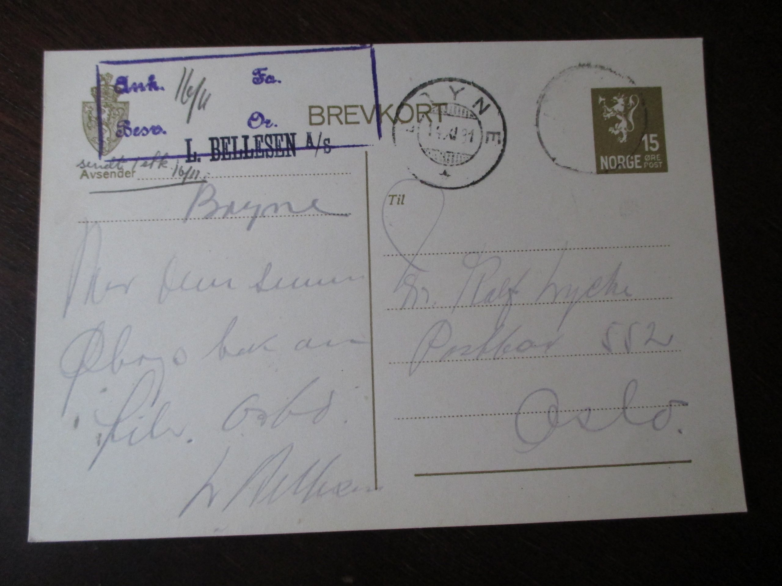 Brevkort st. Bryne 14.XI.1931. (SL)