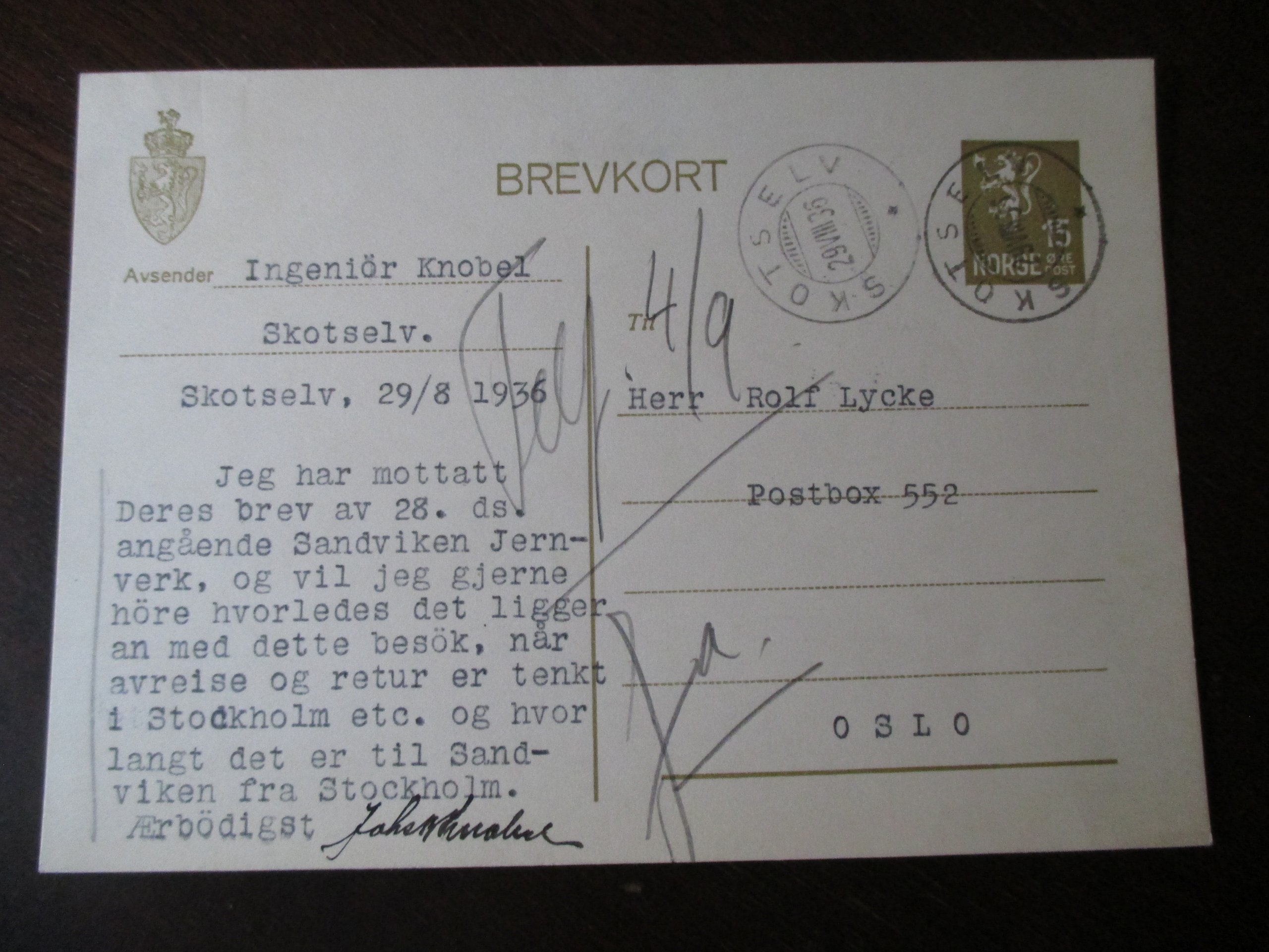 Brevkort st. Skotselv 29.VIII.1936. (SL)