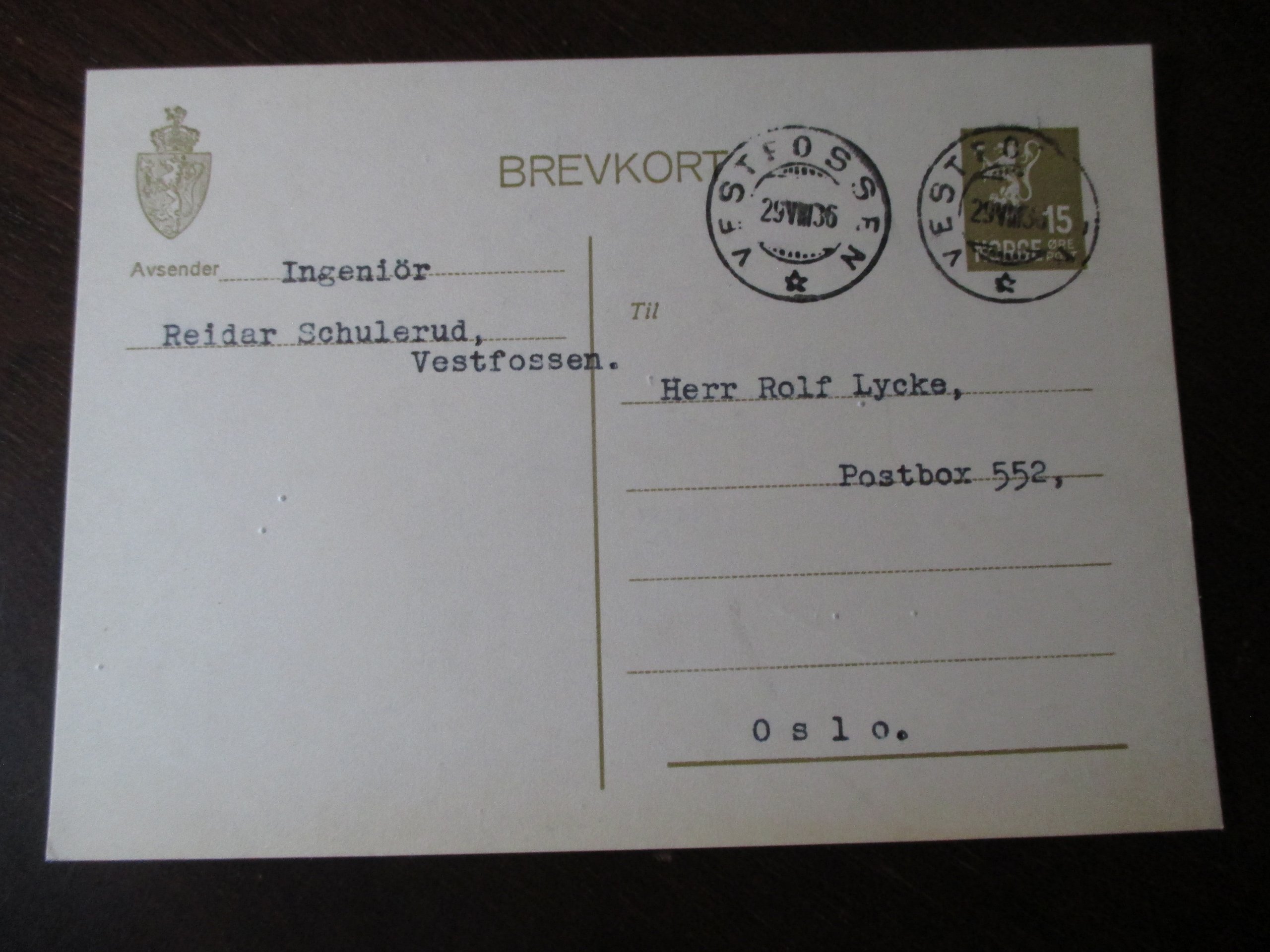 Brevkort st. Vestfossen 29.VIII.1936. (SL)