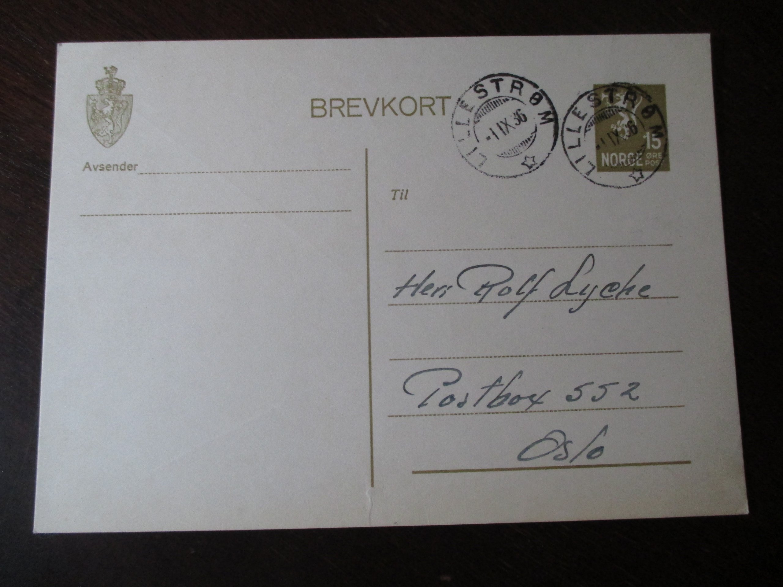 Brevkort st. Lillestrøm 01.IX.1936. (SL)