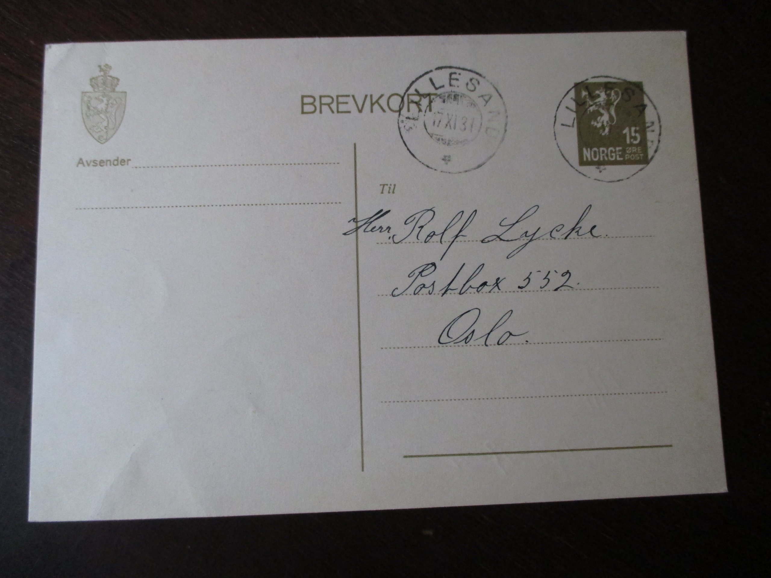 Brevkort st. Lillesand 17.XI.1931. (SL)