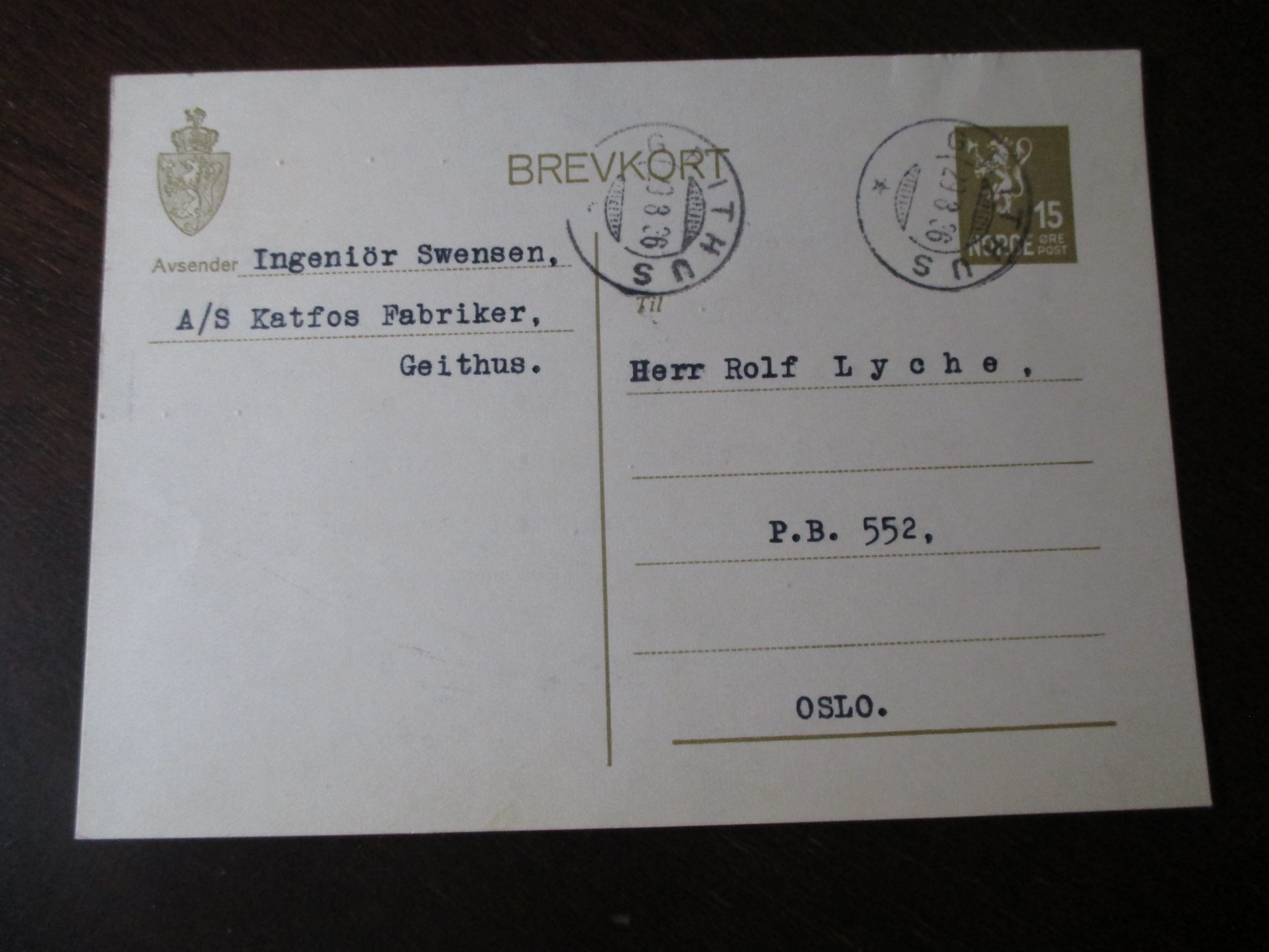Brevkort st. Geithus 29.08.1936. (SA)
