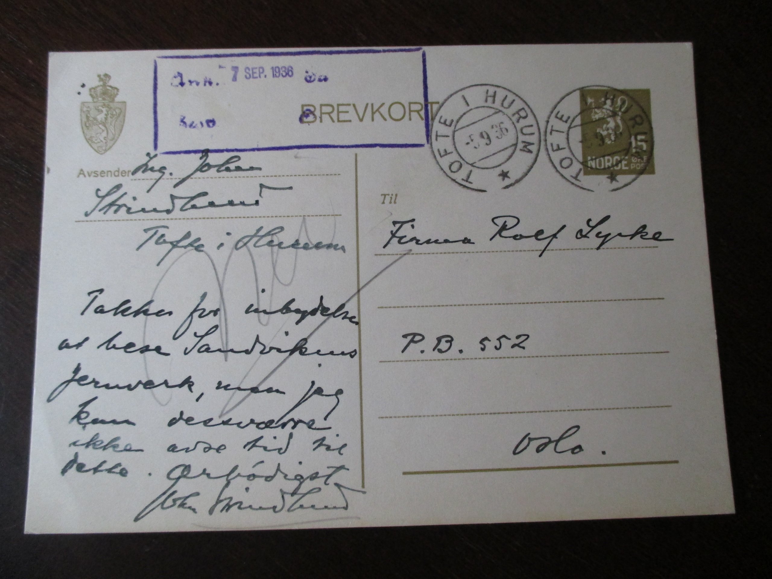 Brevkort st. Tofte i Hurum 05.09.1936. (TA)