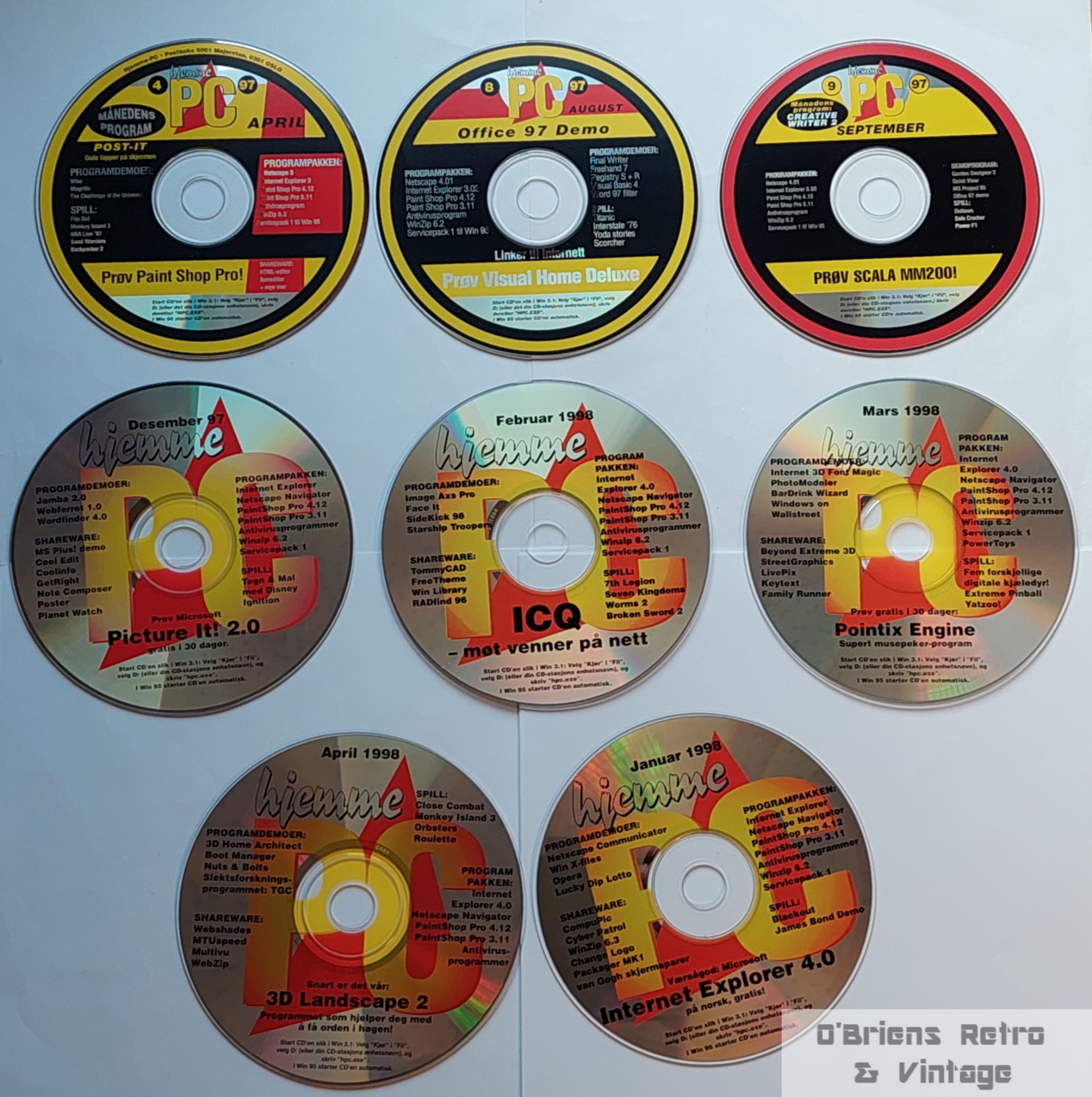 8 originale cover-CD-er fra Hjemme-PC og PC World 1997-1998 - Selges samlet