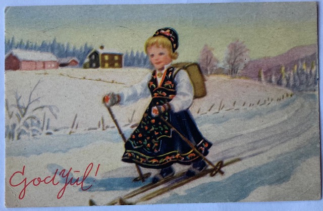 Emma NORMANN jente i bunad går på ski. br. 1949