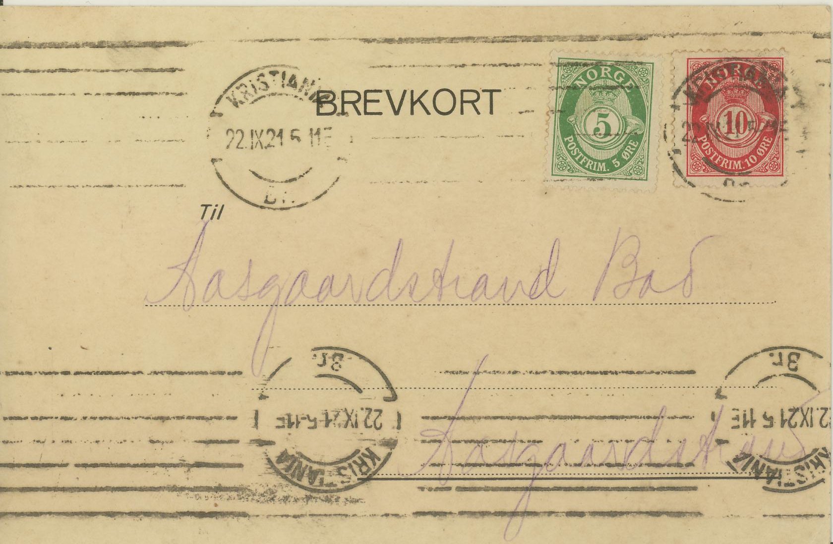 NK 99 og 100 på brevkort stemplet KRISTIANIA / Br. / 22.IX.21 5 11E