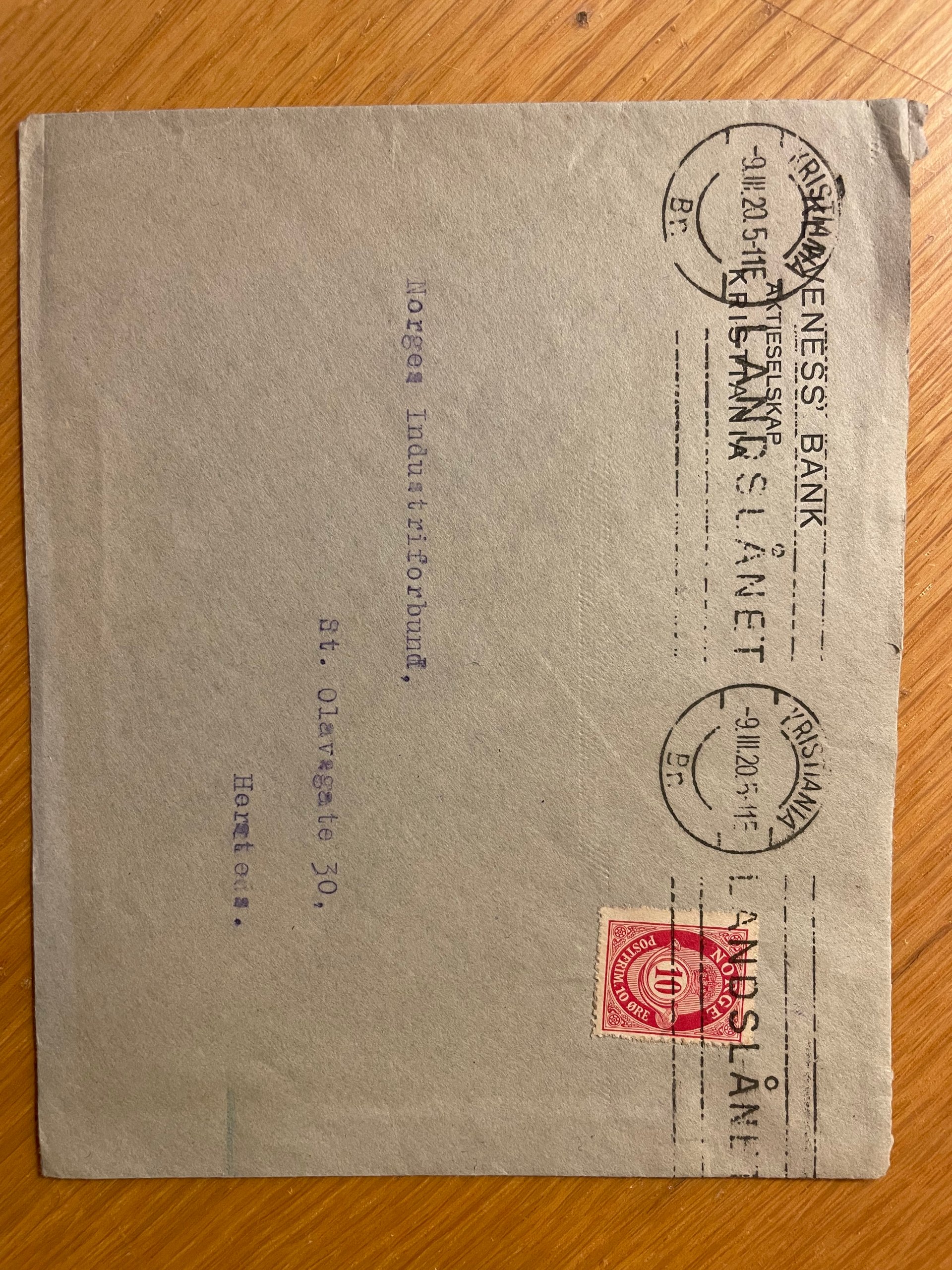 Bruksbrev stemplet Kristiania Br 9 III 20 (Landslånet)