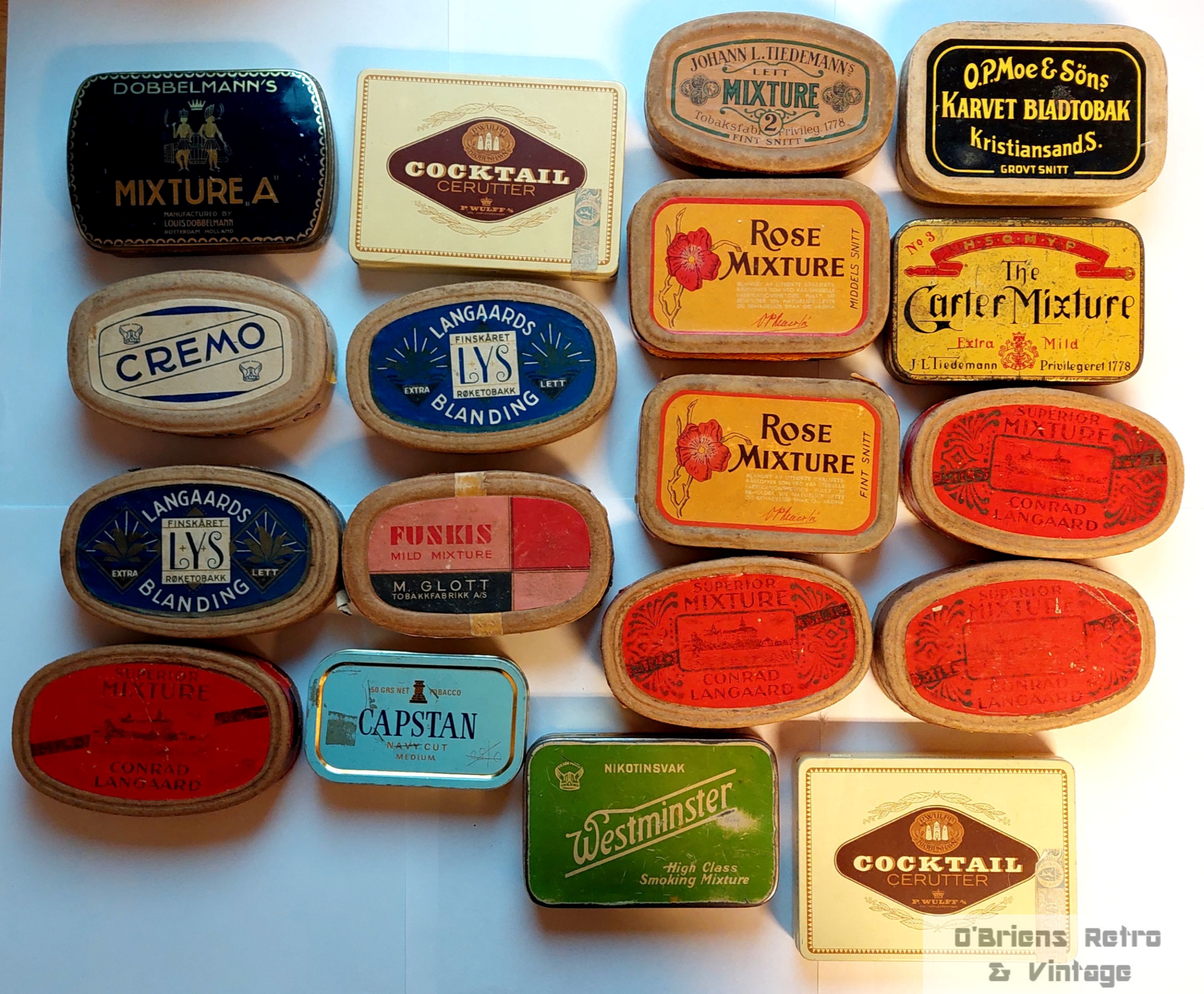 Stor samling vintage tobakksbokser & esker - Tiedemanns, Langaard, Glott m.fl.) - Selges samlet