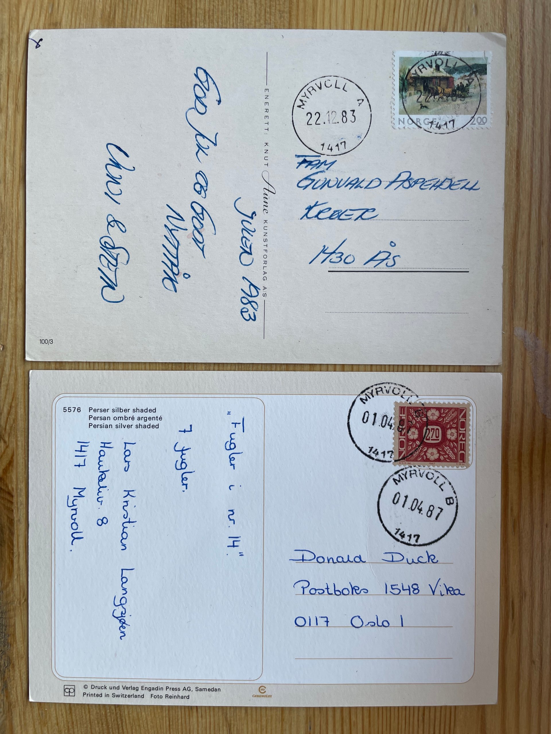 2 kort stemplet: 1417 Myrvoll A 22.12.83 og 1417 Myrvoll B 01.04.87