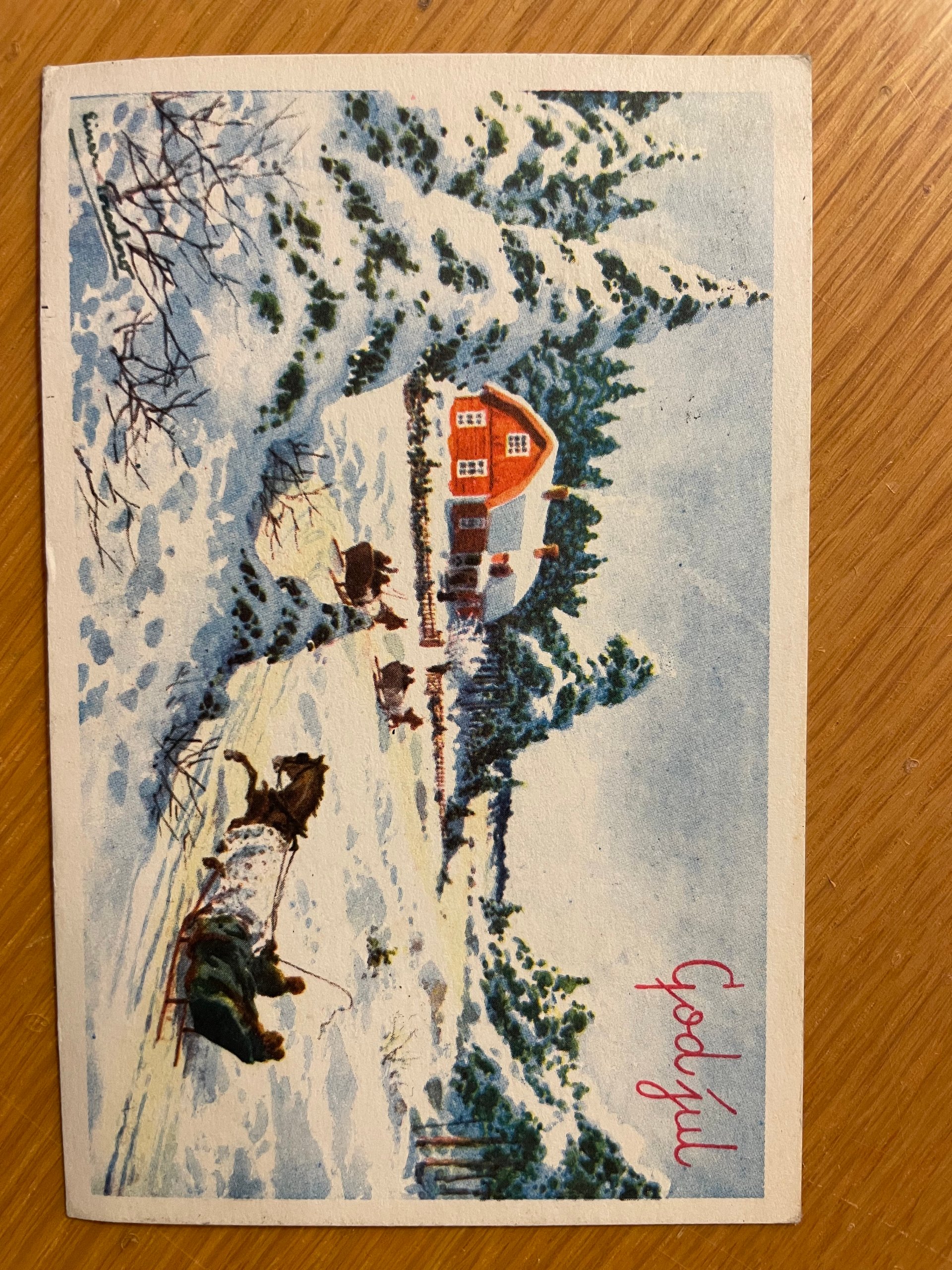Sledetur i vinterlandskap ;poststemplet Reinsvoll 19-12-61