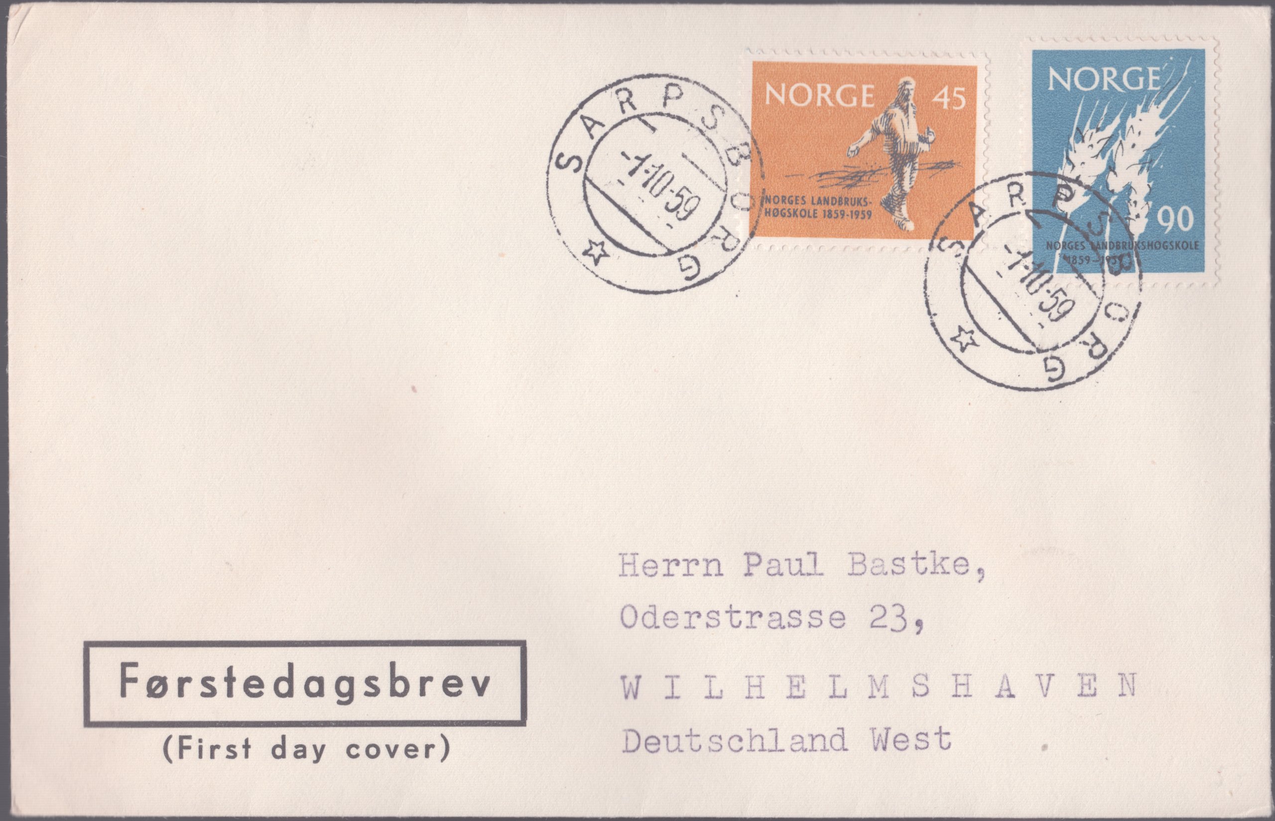 FDC 1959 NK477-NK478 tekstvignett 1 Sarpsborg