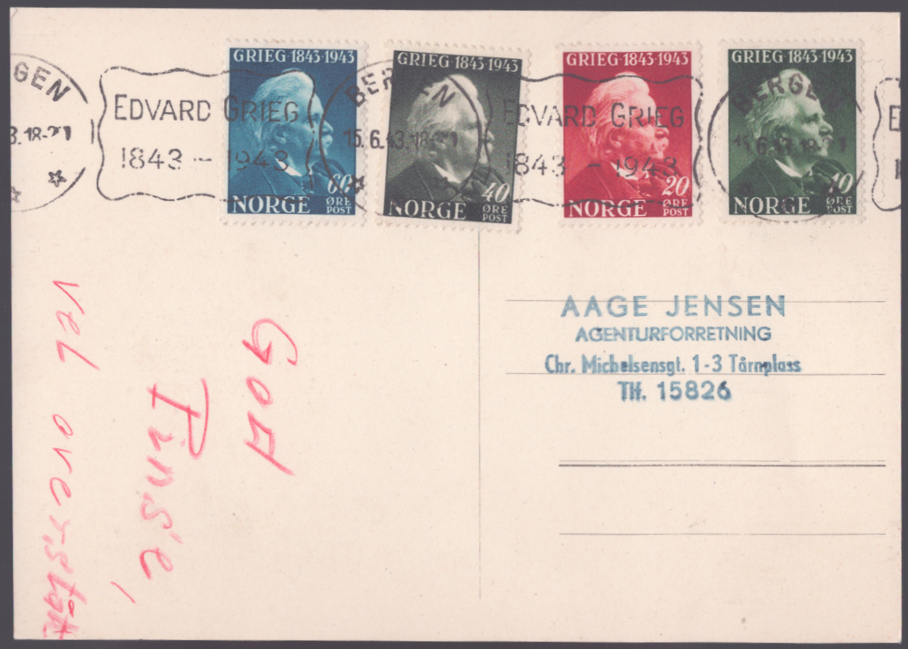 FDC 1943 NK314-NK317 Bergen vignett 9